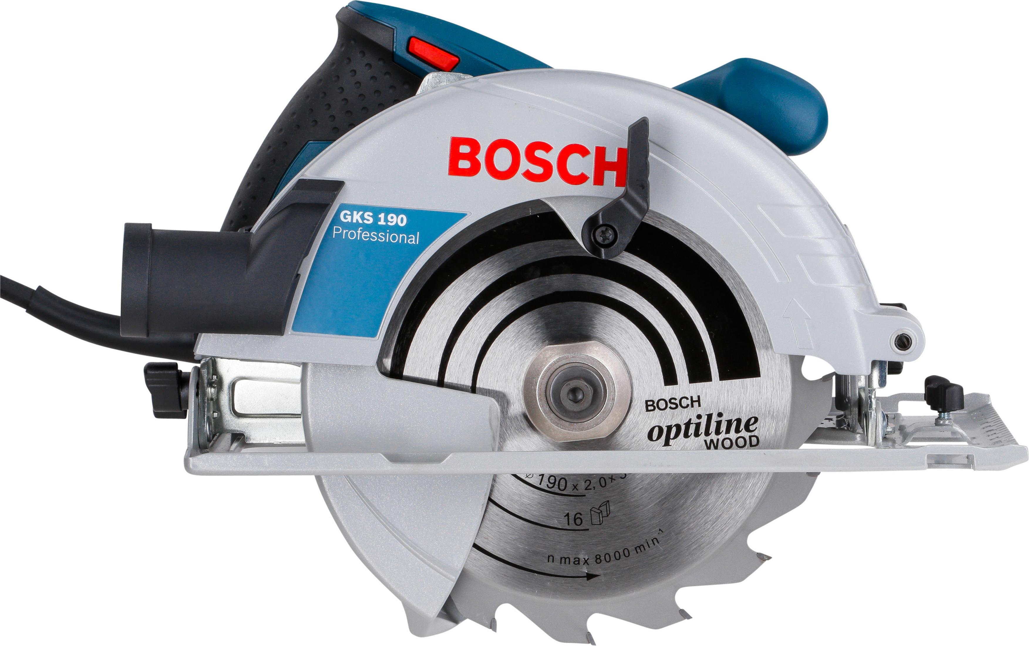 Bosch GKS 190 Kreissäge. Silbernes Blatt und Gehäuse, blauer und schwarzer Griff. Weißer Hintergrund.