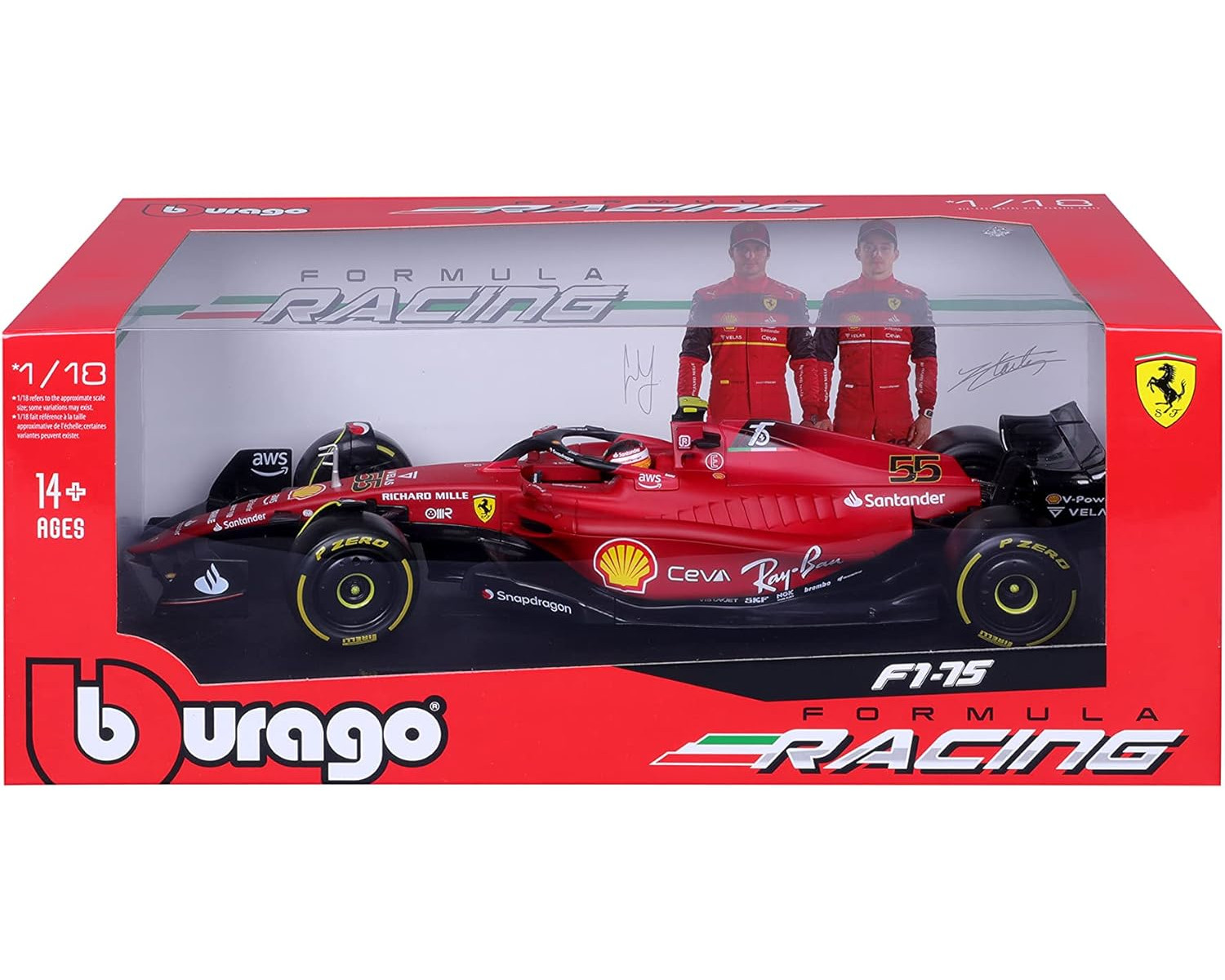 Rotes Ferrari-Rennwagen-Spielzeug in einer Box. Vorderansicht. Bilder von zwei Personen auf der Box. Weißer Hintergrund.