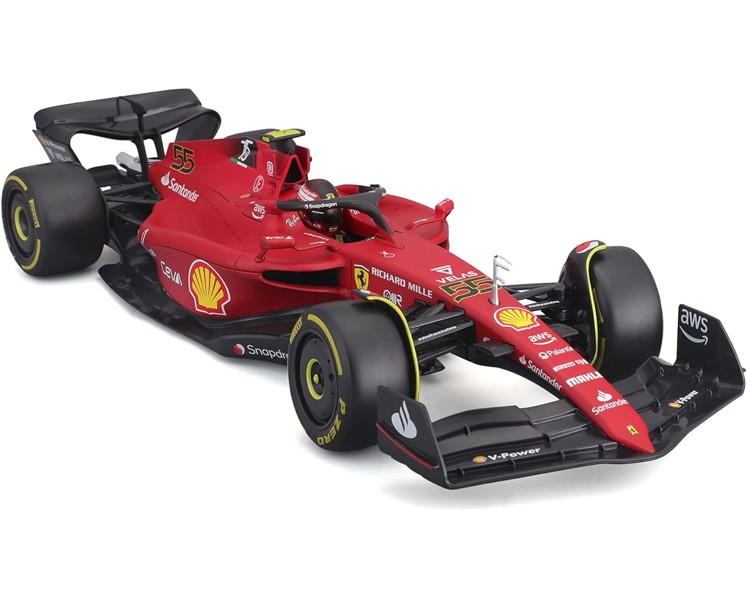 Rotes Ferrari-Rennwagen-Spielzeug. Vorderansicht. Sponsoren sind sichtbar. Weißer Hintergrund.