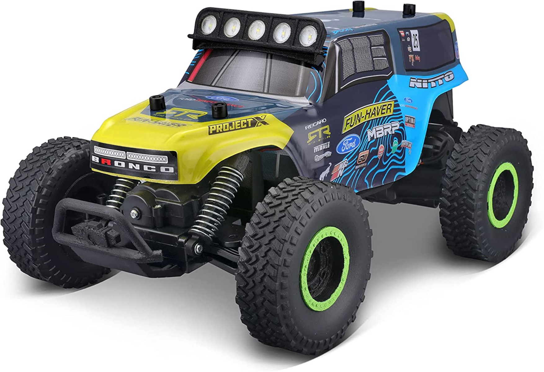 Ein gelb-blauer Spielzeug-Ford Bronco Truck mit schwarzen Rädern, Dachgepäckträger und robustem Design.