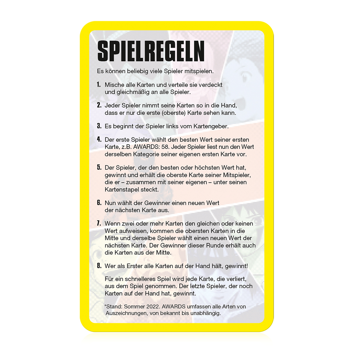 Spielkarte mit Anweisungen auf Deutsch. Gelber Rand und farbenfrohe Illustrationen.