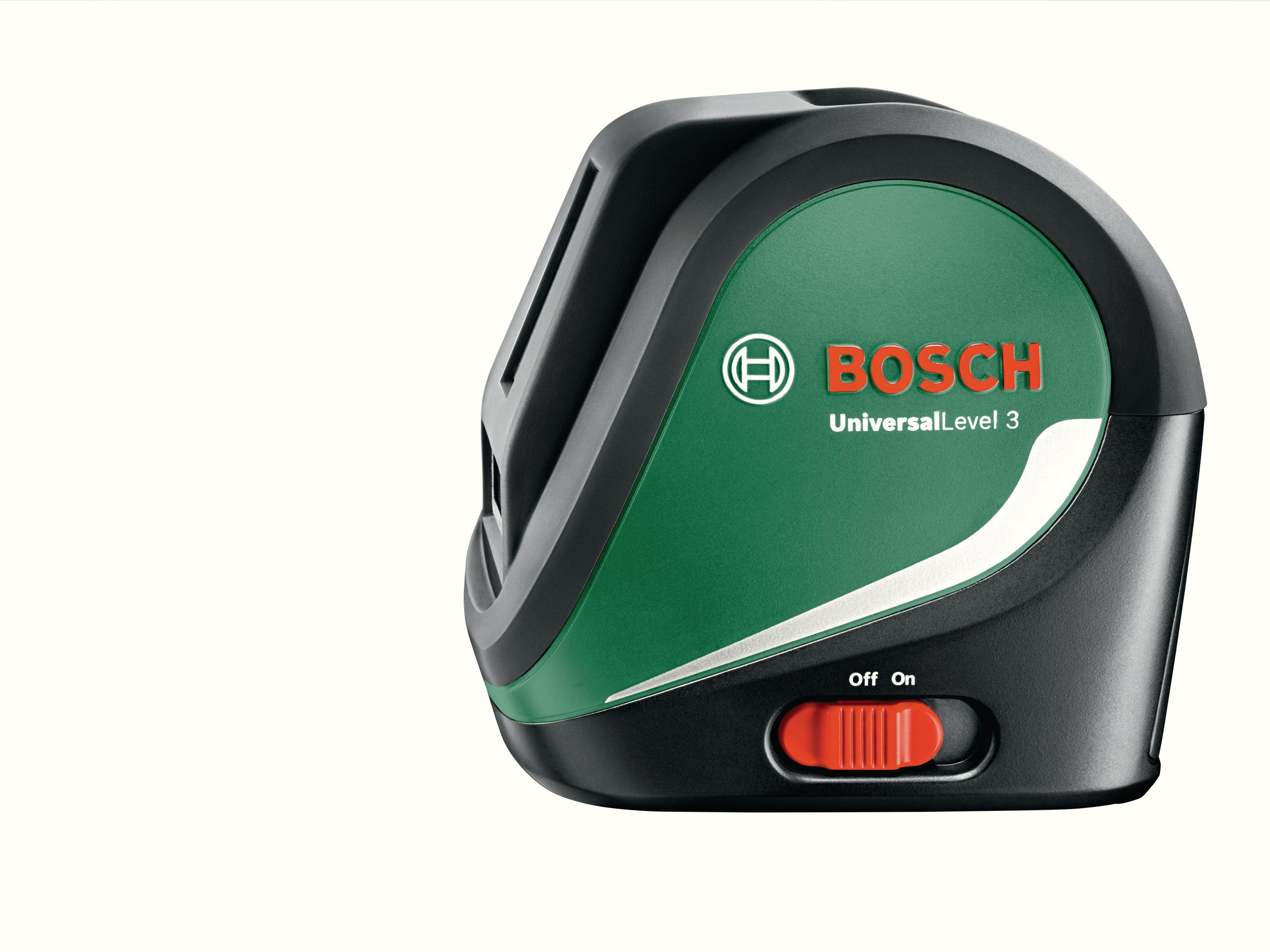 Turuncu anahtarlı yeşil ve siyah Bosch lazer seviye. Beyaz arka plan.