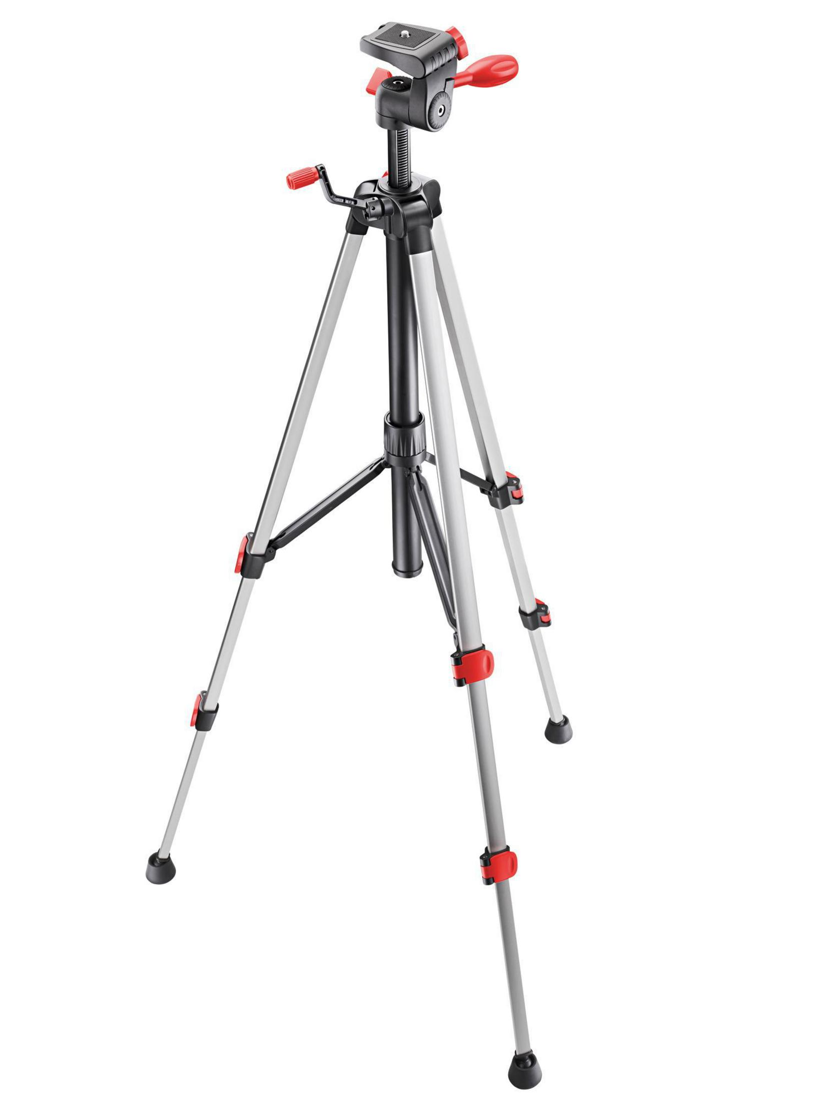 Kırmızı ayarlara sahip gümüş bir tripod. Tripod beyaz bir arka plan üzerinde.