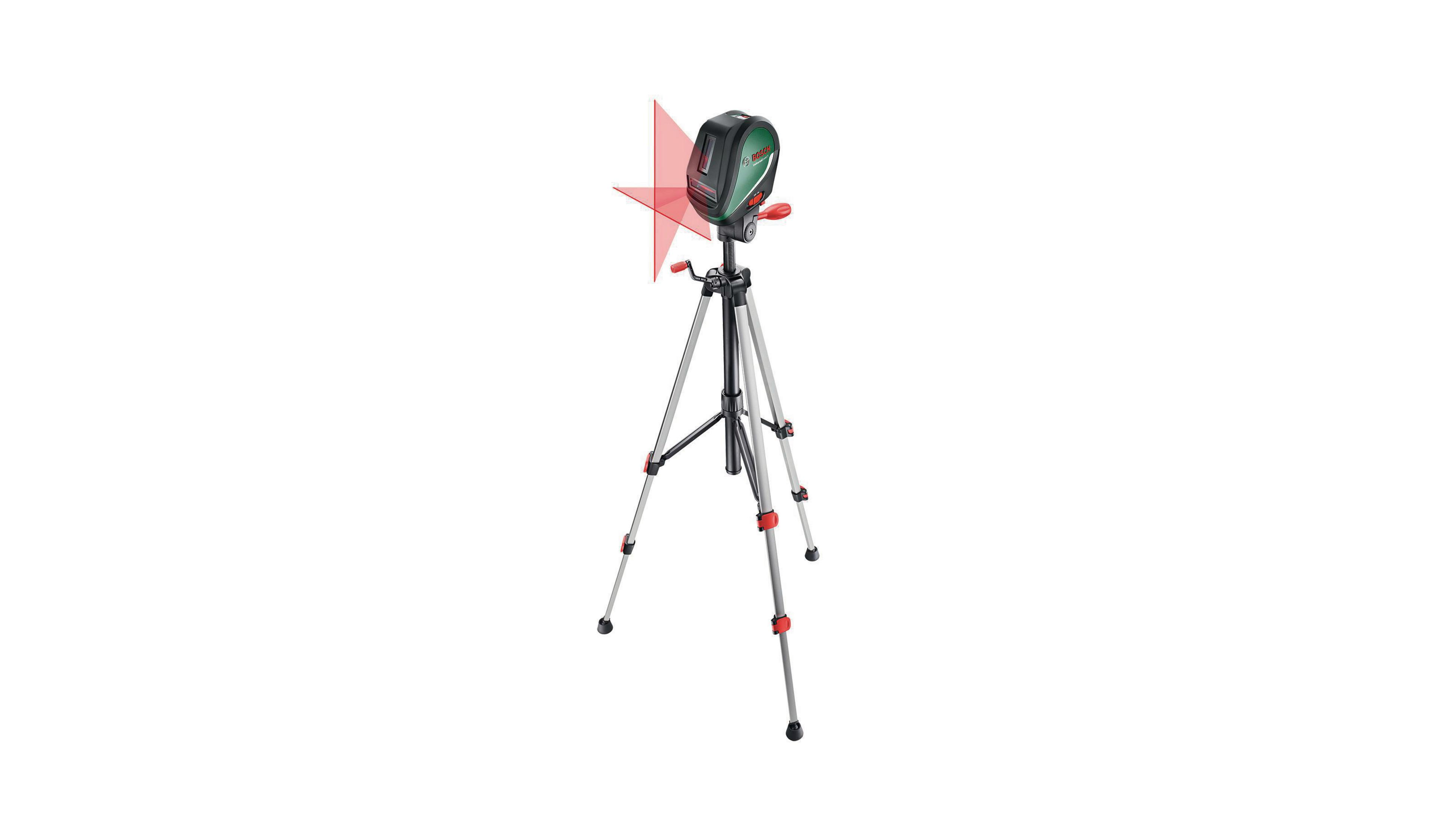 Kırmızı çizgiler yayan bir tripod üzerinde siyah ve yeşil Bosch lazer seviye. Beyaz zemin.