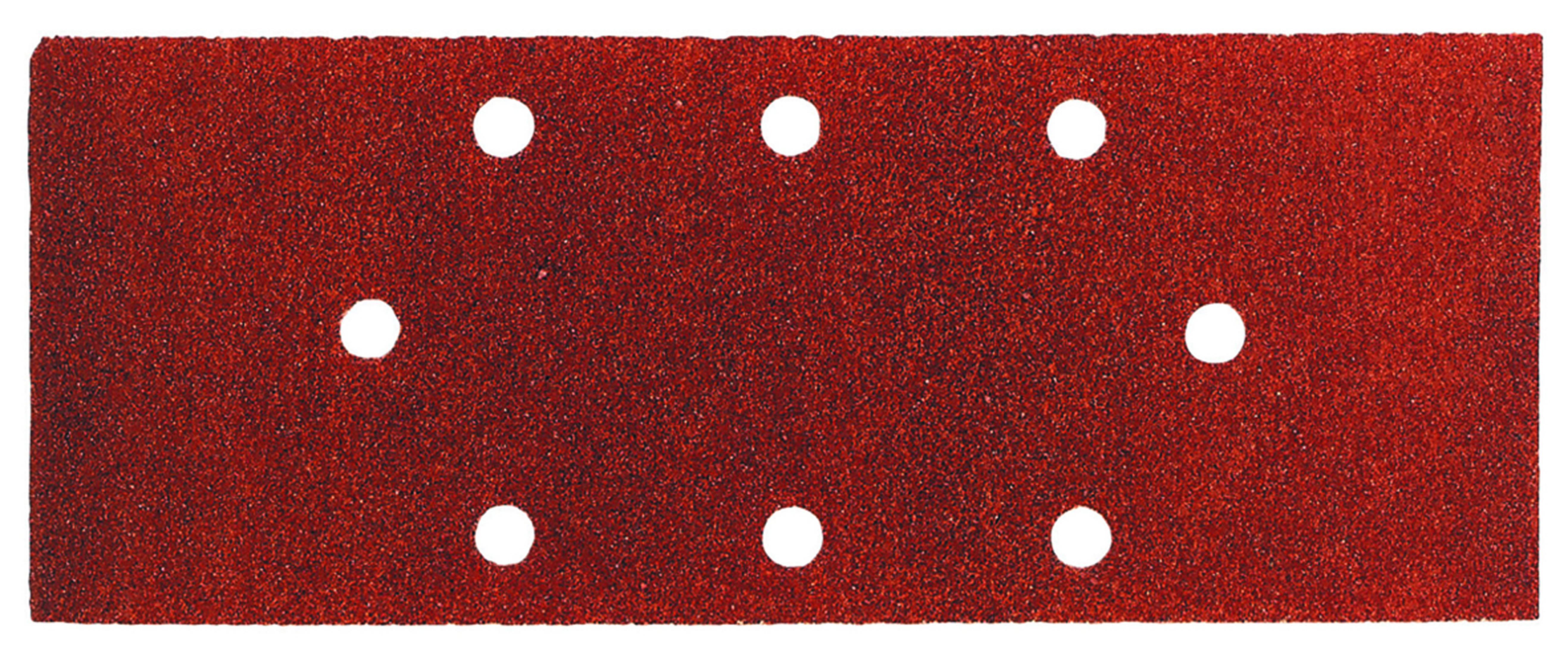 Ein rotes rechteckiges Schleifpapier mit sechs weißen Löchern. Das Papier ist braun mit einer körnigen Textur.