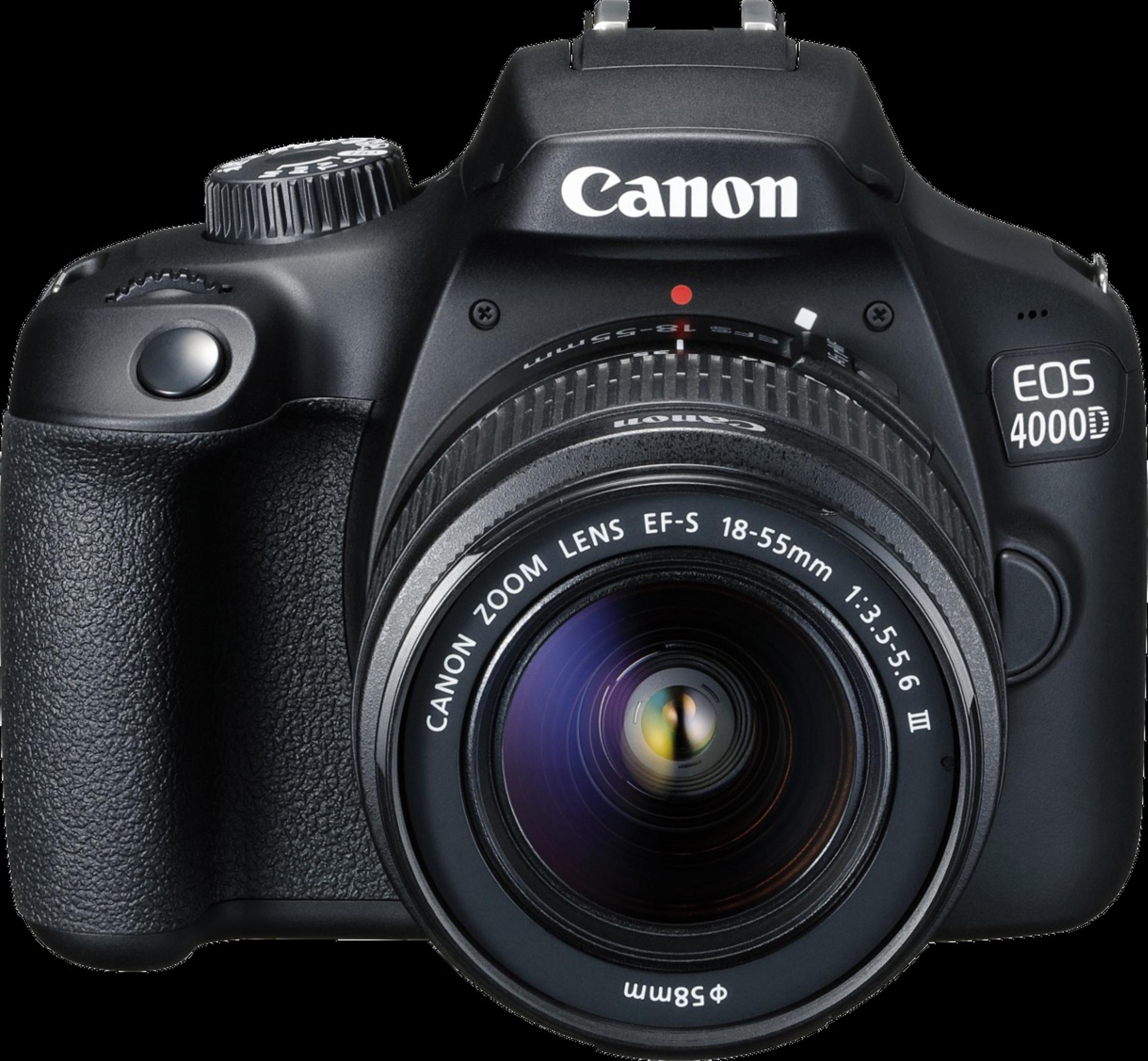 Eine schwarze Canon EOS 4000D Kamera mit einem Objektiv. Das Objektiv hat die Worte Canon Zoom Lens EF-S 18-55mm 1:3.5-5.6 III.