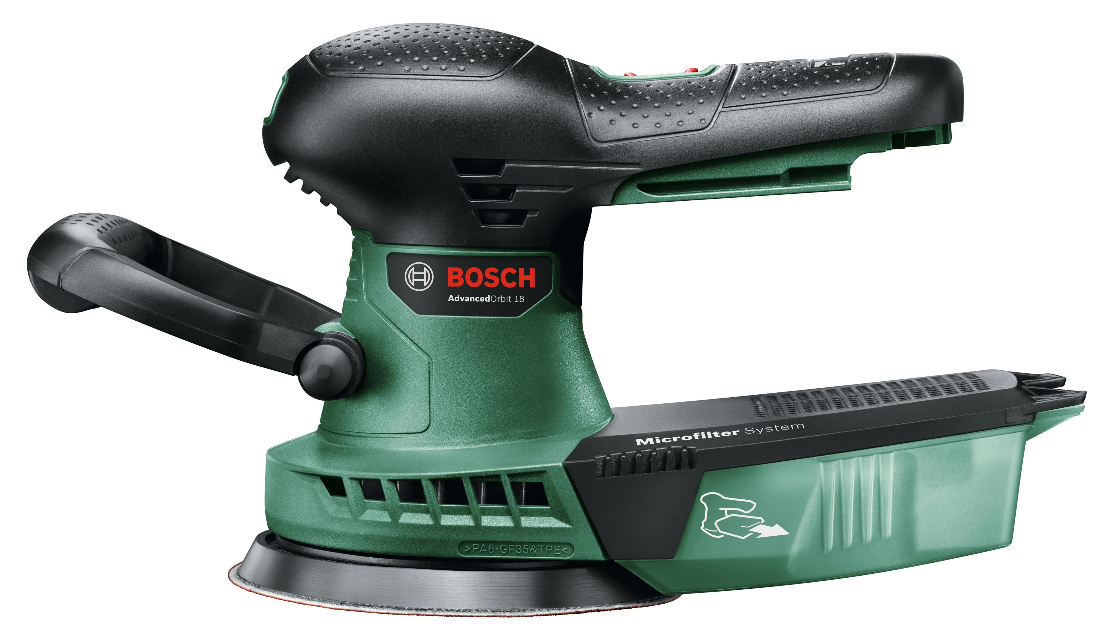 Ponceuse Bosch avec un design vert et noir, et le logo Bosch sur le côté.