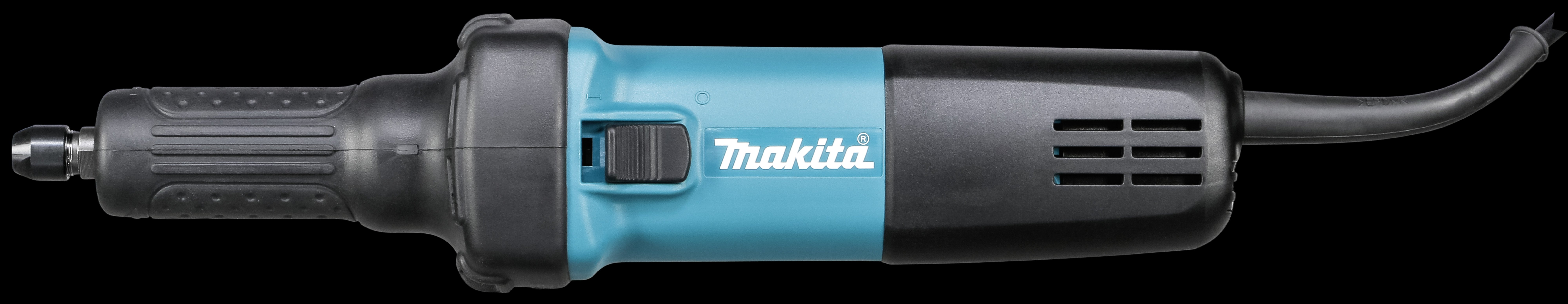 Herramienta eléctrica azul y negra de Makita con mango, el logotipo en el lateral, sobre fondo negro.
