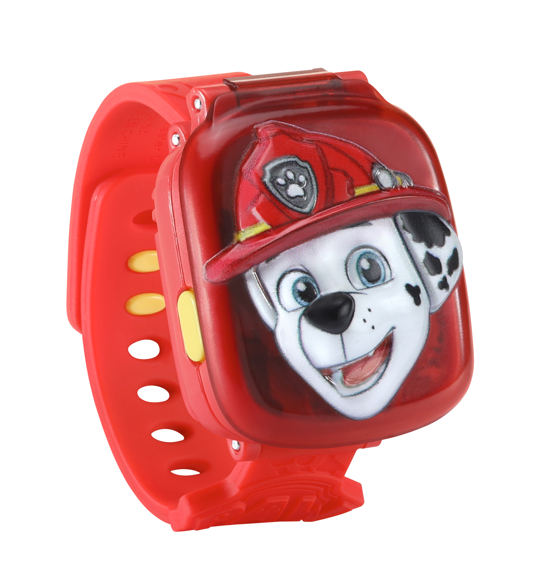 Czerwony zegarek Paw Patrol z twarzą Marshalla, białe tło.