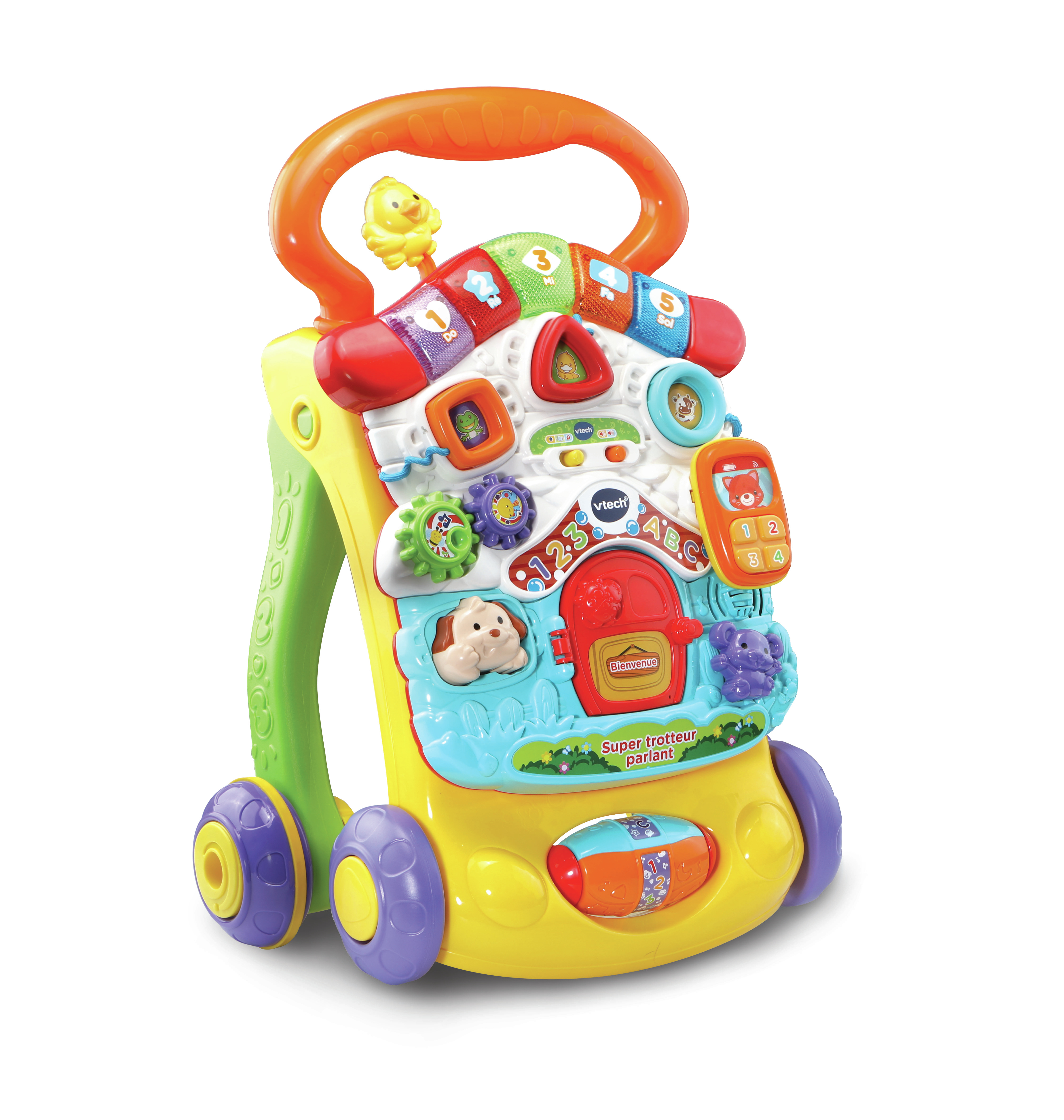 Ein farbenfrohes Babylaufspielzeug mit Rädern und interaktiven Elementen.