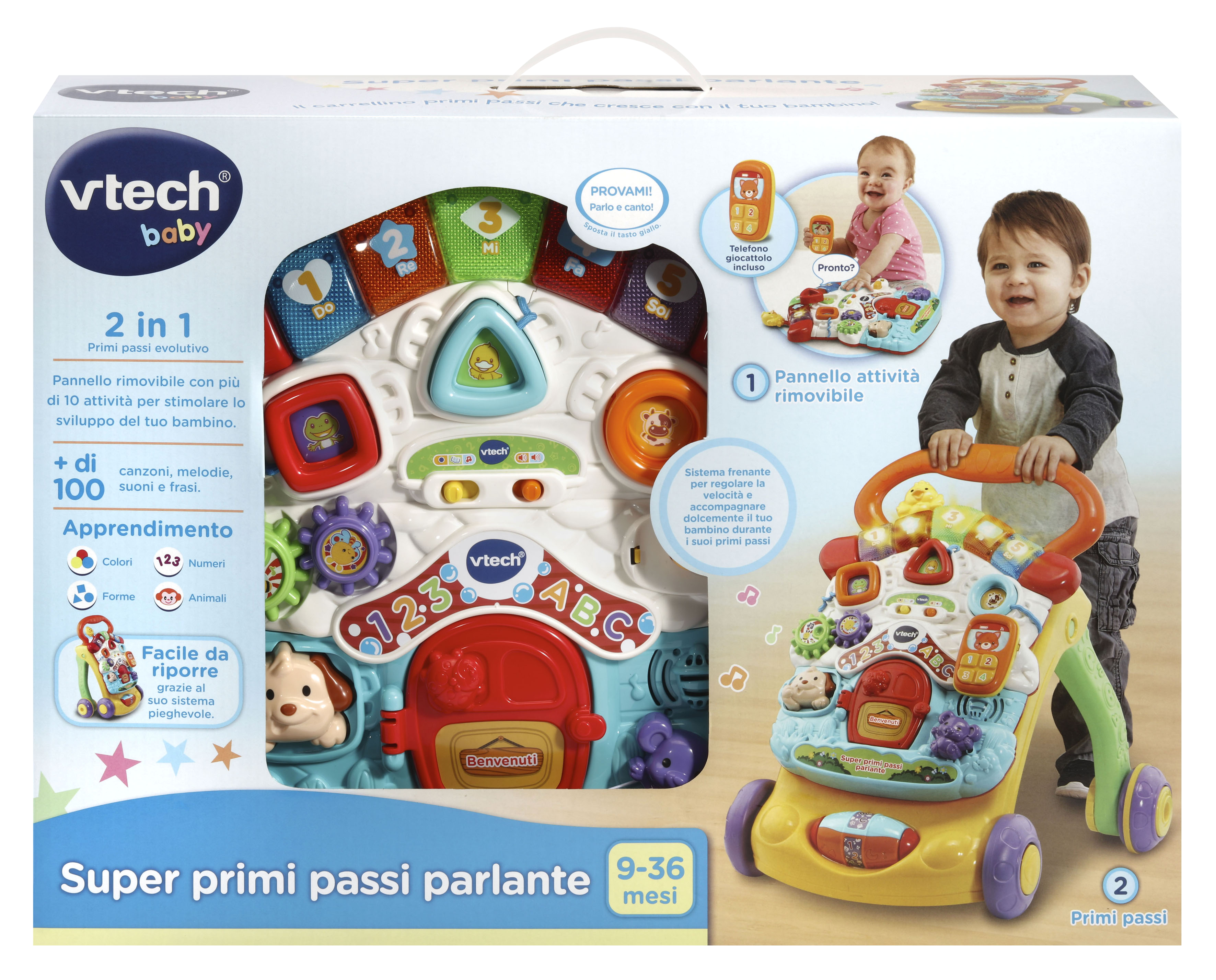 Ein Baby-Spielcenter mit einem kleinen Kind. Das Center hat Knöpfe, Geräusche und einen abnehmbaren Lauflernwagen.