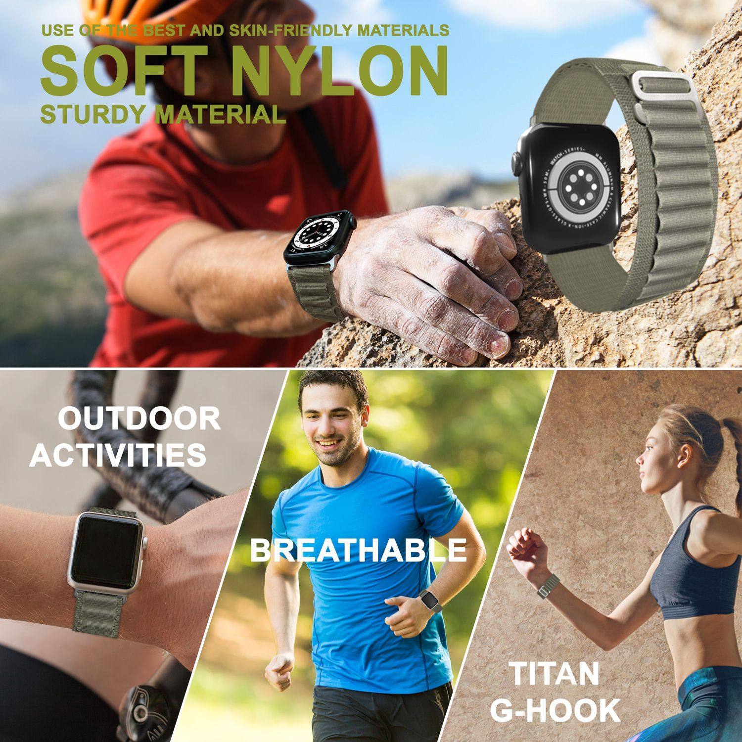 Ein Werbebild, das einen Mann mit einer Uhr zeigt, mit Text über Nylon und Outdoor-Aktivitäten.