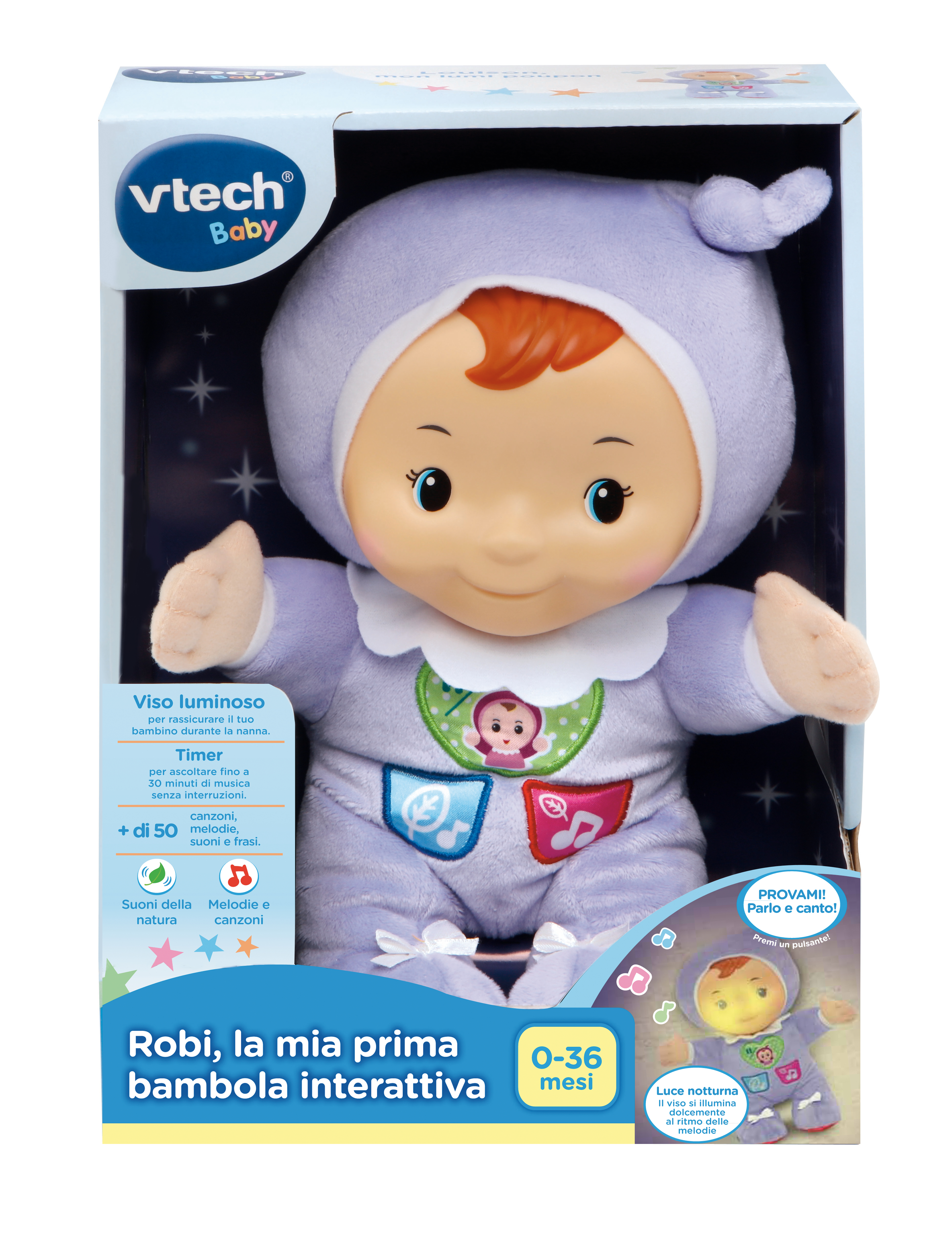 Lalka dla dziecka w pudełku. Lalka ubrana w fioletową piżamkę i czapkę. Opakowanie z ilustracjami gwieździstego nieba.