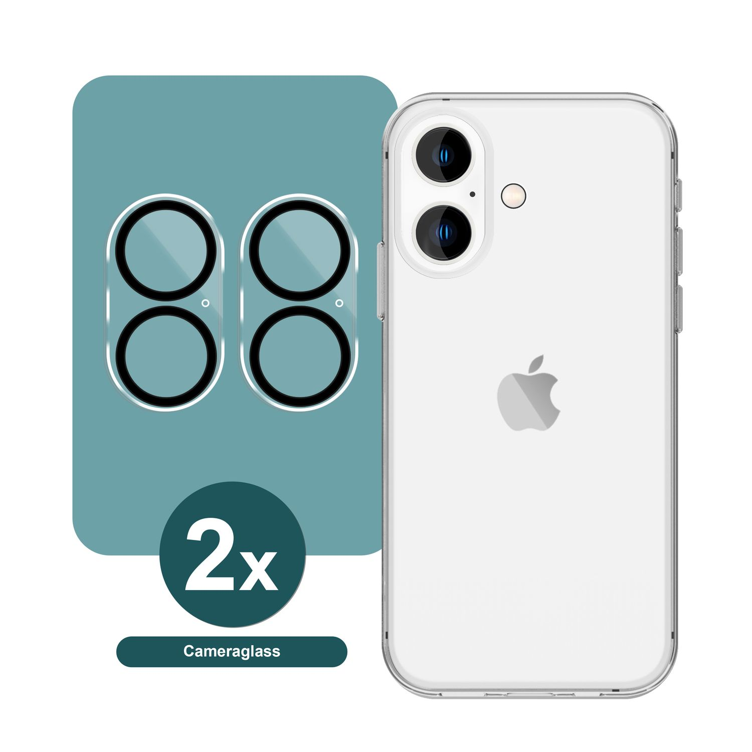 Zwei Kameraschutzfolien neben einem weißen iPhone. Die Schutzfolien sind transparent mit schwarzen Rändern.
