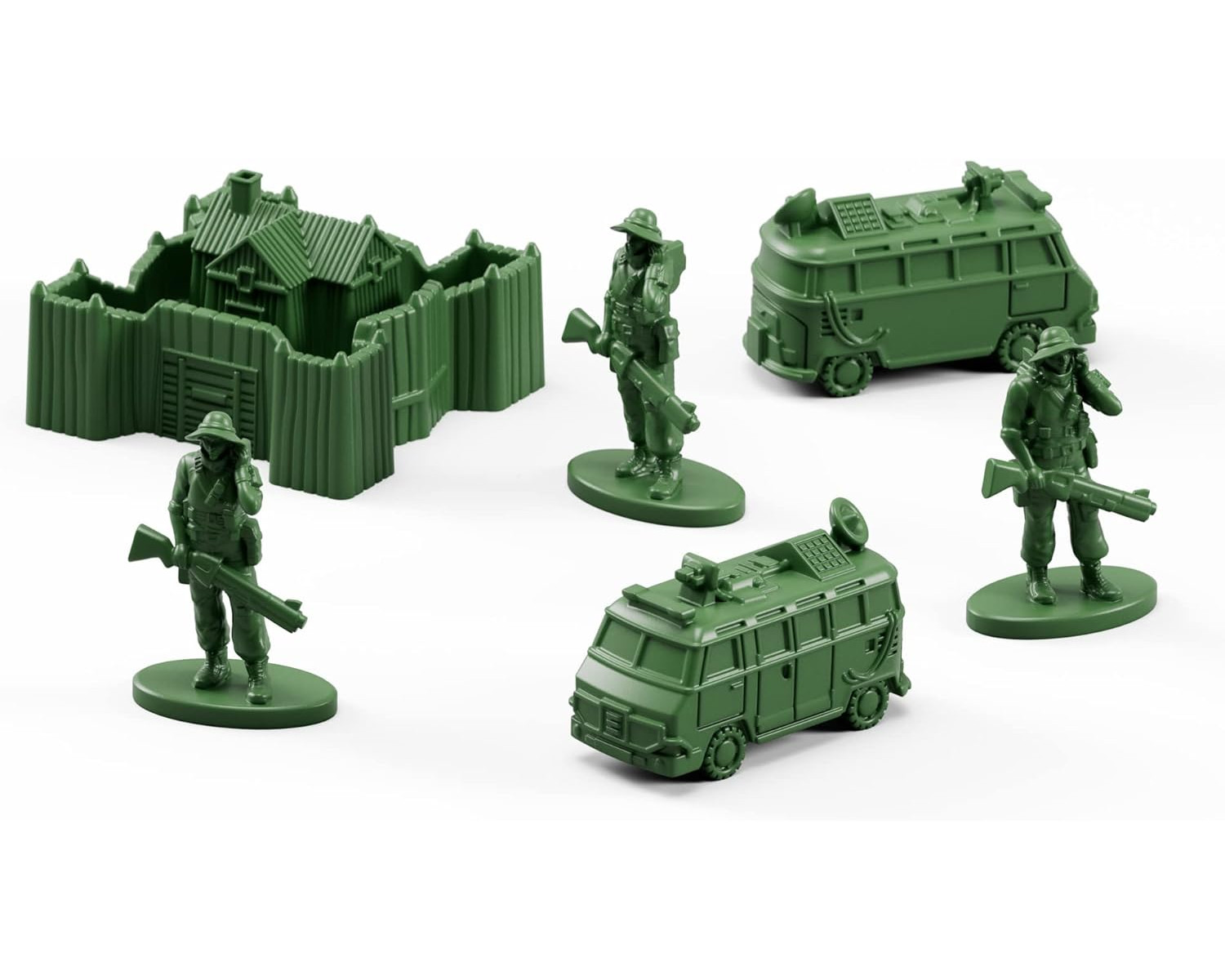 Grüne Spielzeugsoldaten und Fahrzeuge. Festung und busartige Fahrzeuge. Soldaten tragen Waffen. Heller Hintergrund.