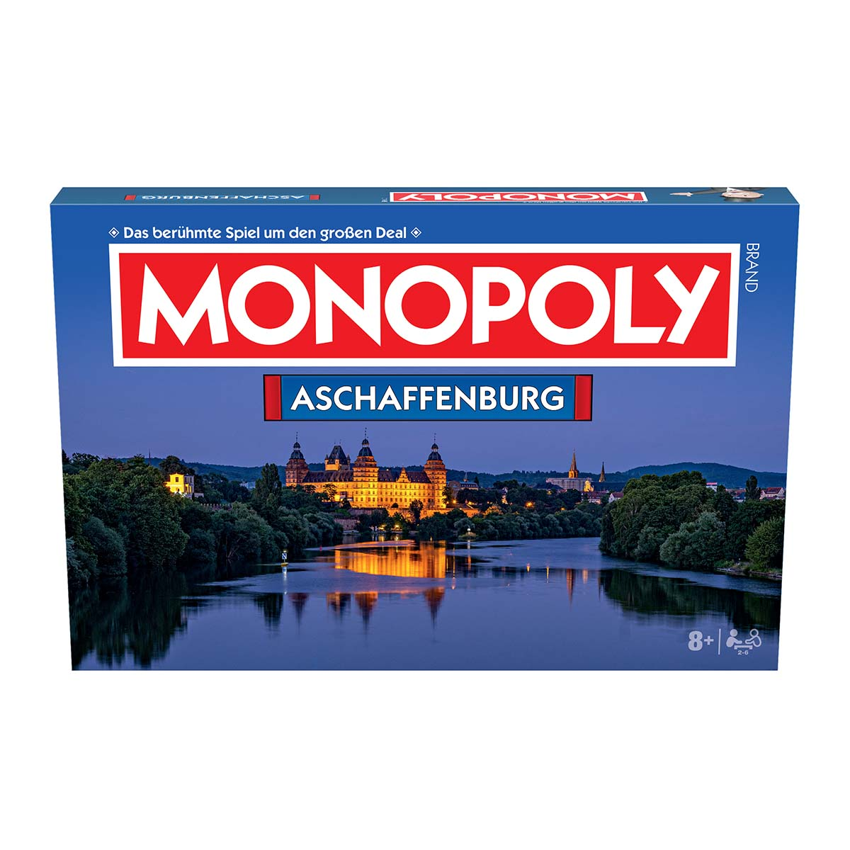 Monopoly-Brettspielschachtel mit einer malerischen Ansicht von Aschaffenburg in der Abenddämmerung.