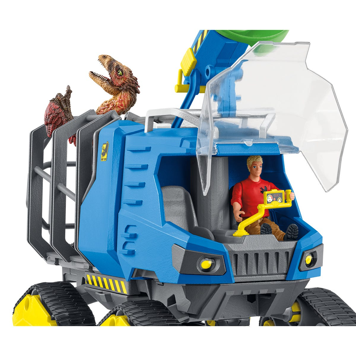 Close-up of the dinosaur research vehicle, blue and yellow, with toy dinosaurs.