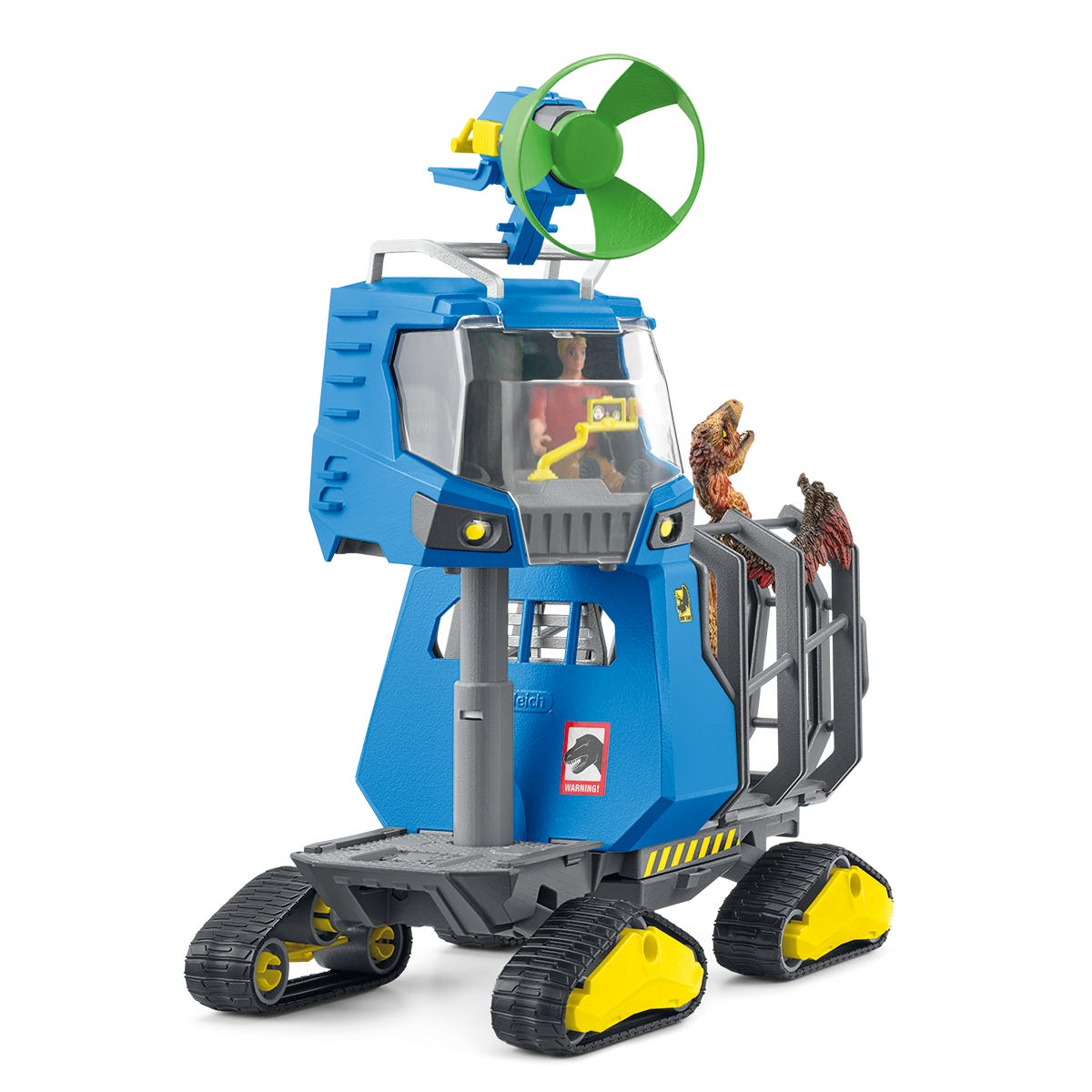 Blue and yellow dinosaur research vehicle with a person and toy dinosaurs.