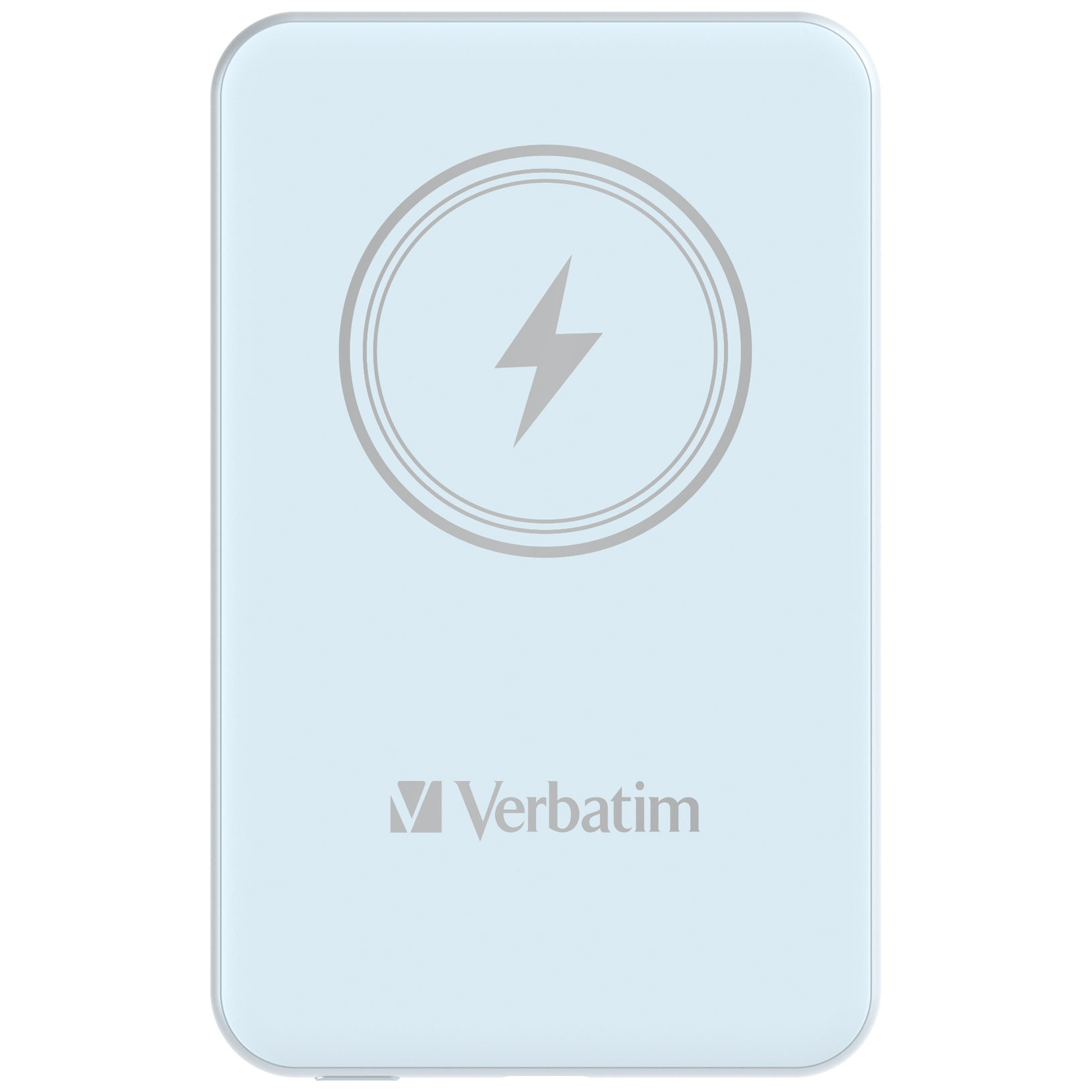 Een lichtblauwe Verbatim powerbank met een bliksemschichtsymbool.
