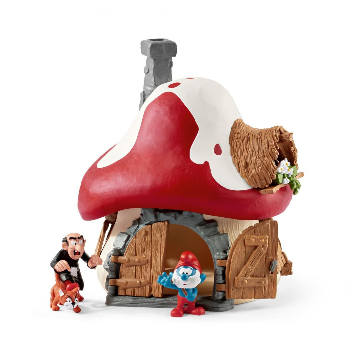 Una casa a fungo dei Puffi con le figure di Grande Puffo, un Puffo e una volpe rossa.