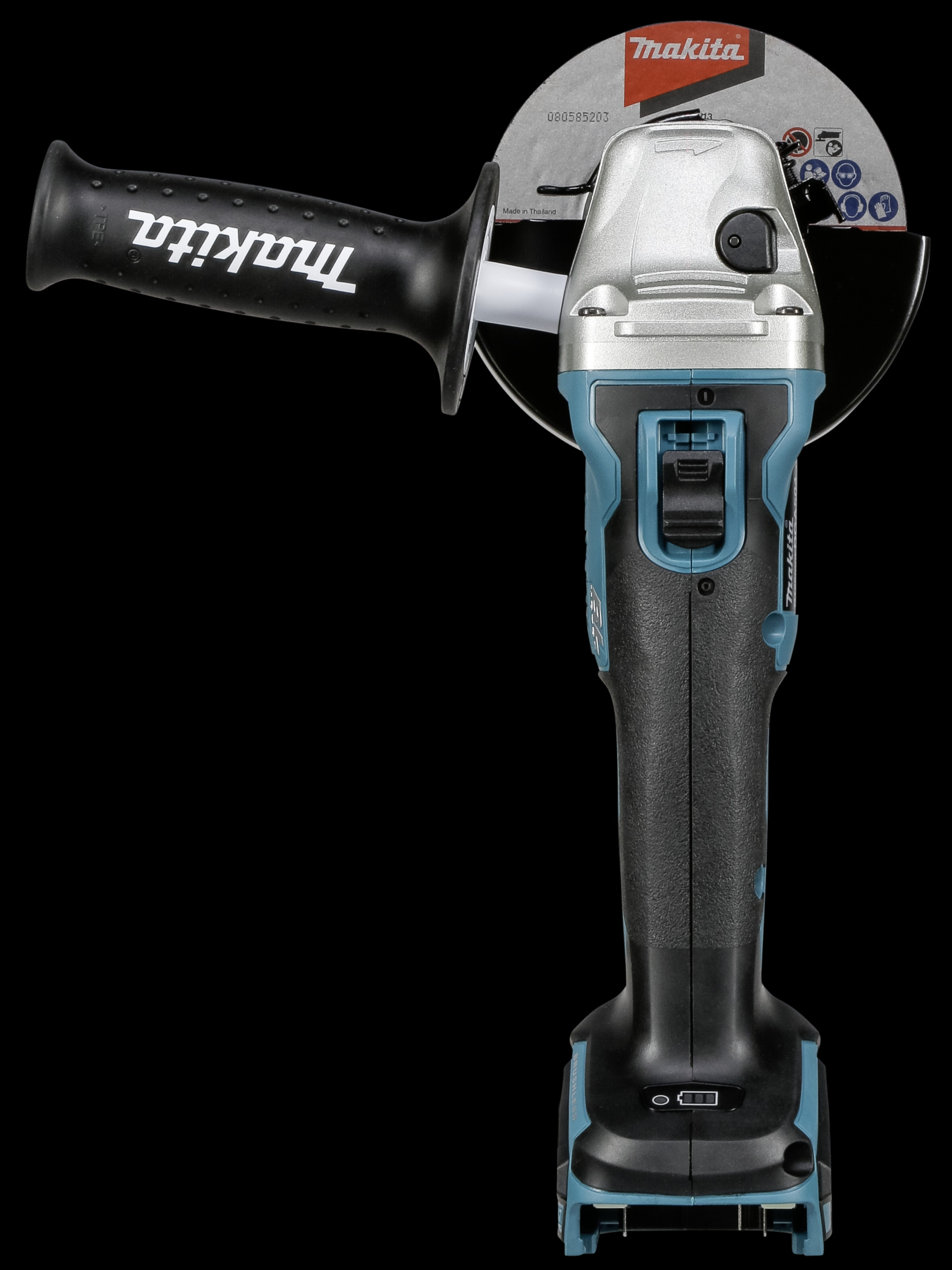 Szlifierka kątowa Makita. Czarny i turkusowy. Uchwyt z boku. Czarne tło.