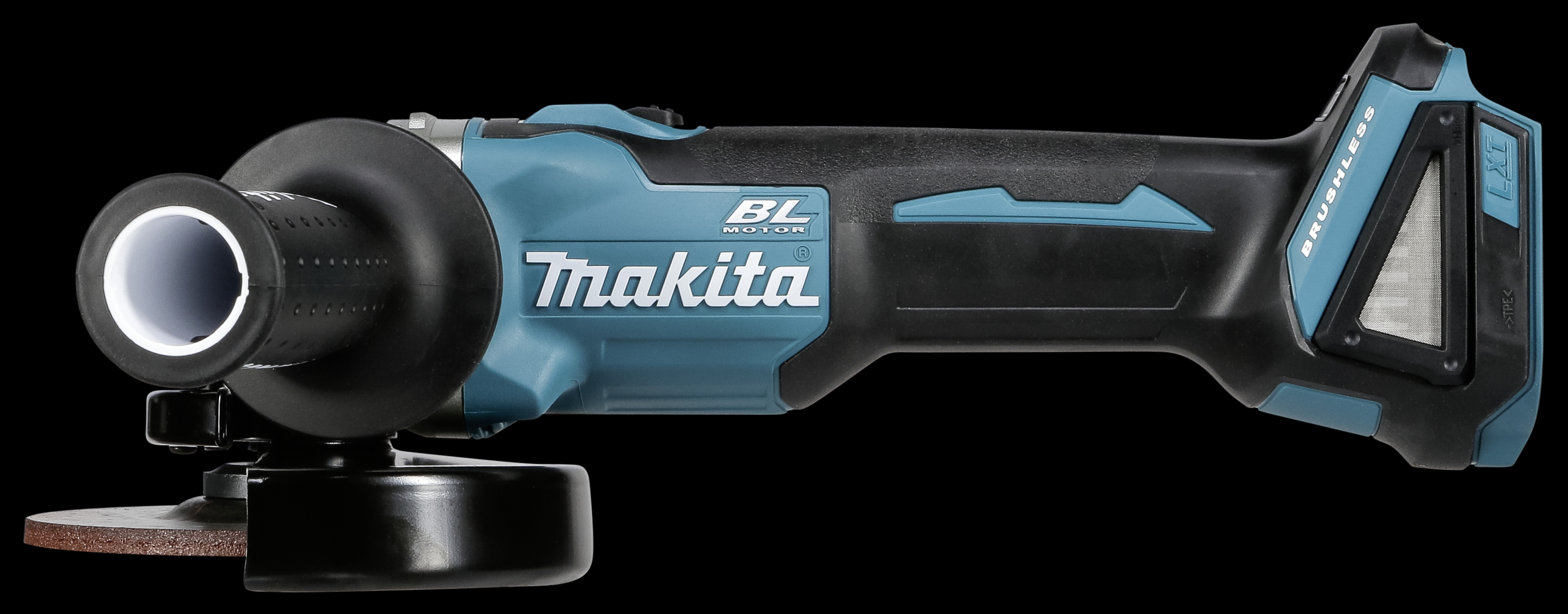 Czarna i turkusowa szlifierka Makita. Uchwyt jest czarny, a korpus turkusowy.