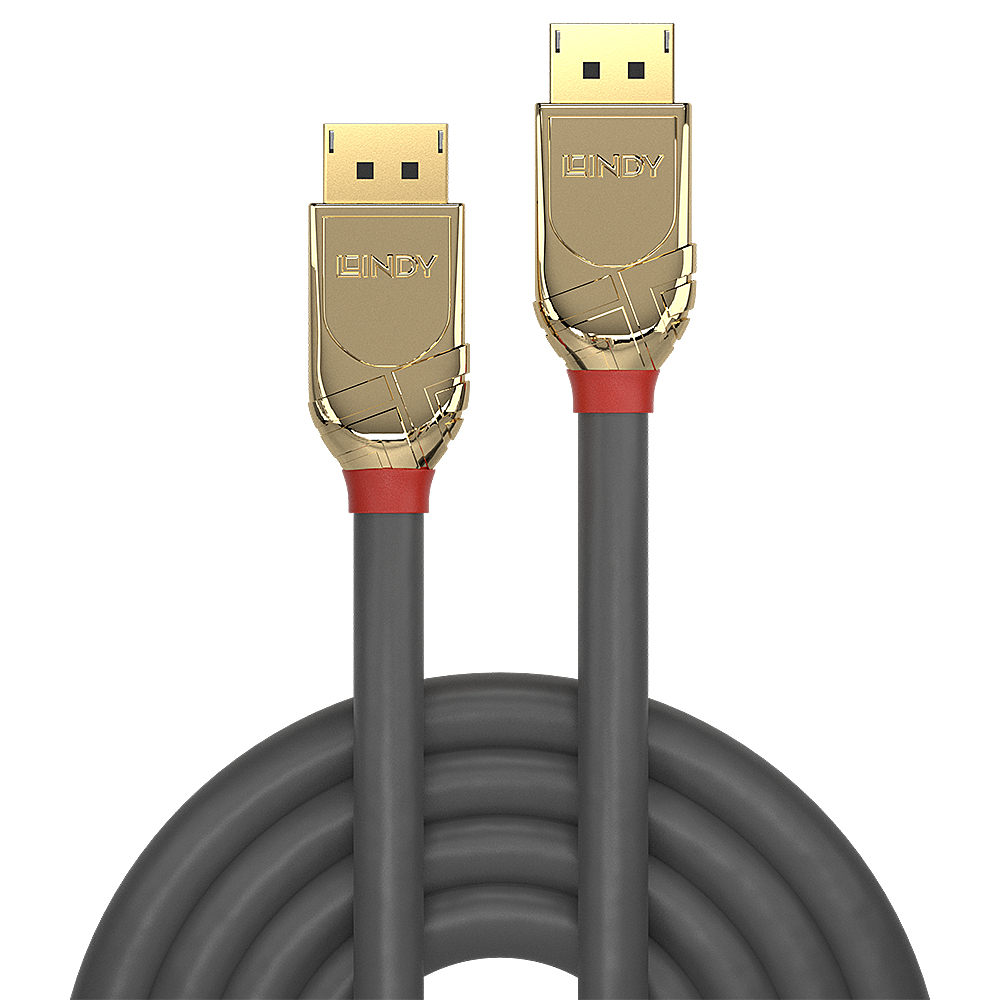 Twee goud-grijze DisplayPort-kabels met grijze kabel. Rode accenten op de connector.