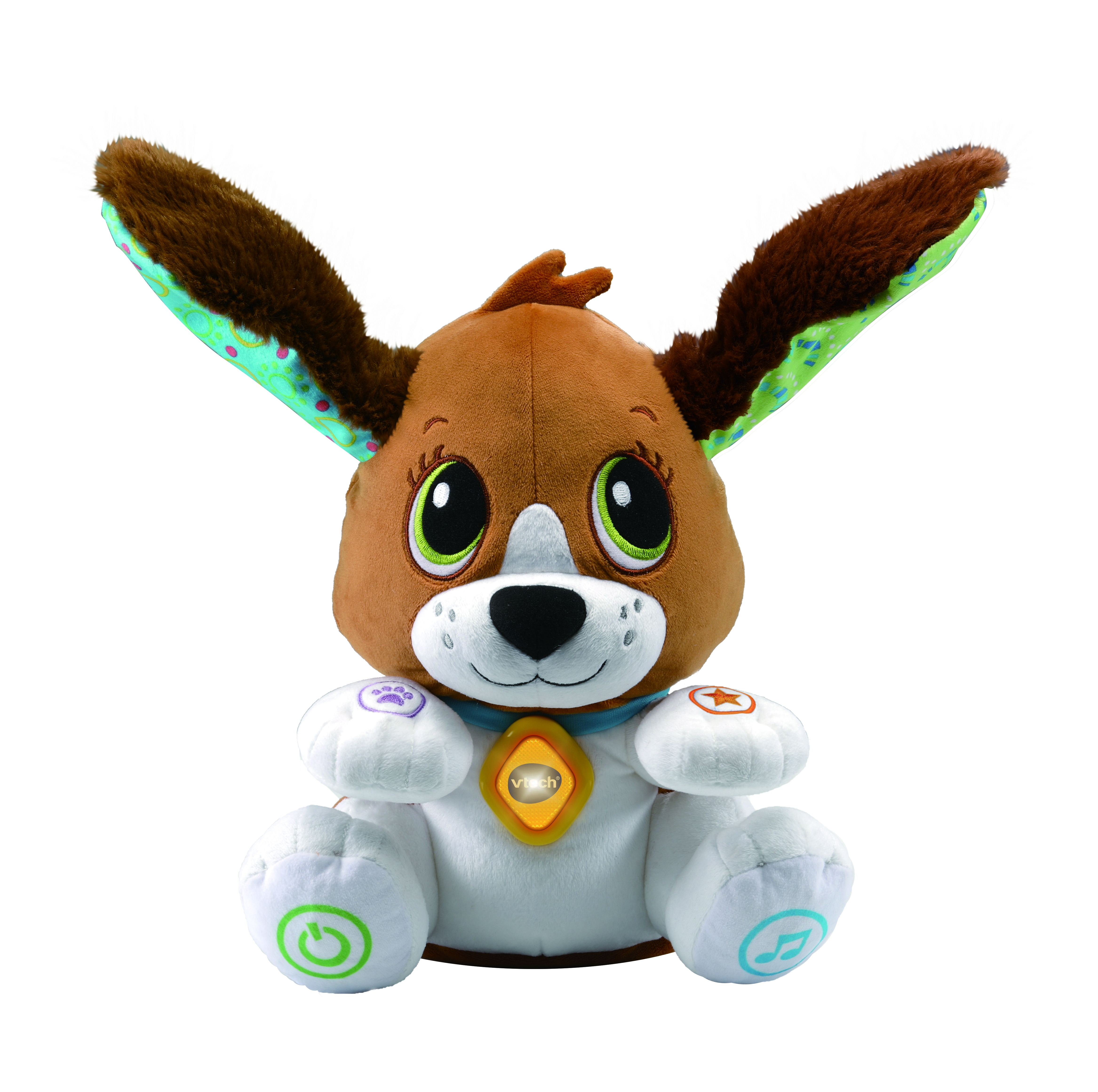 Pluszowa zabawka dla psa z dużymi uszami, żółtym naszyjnikiem i guzikami. Ma białe tło.