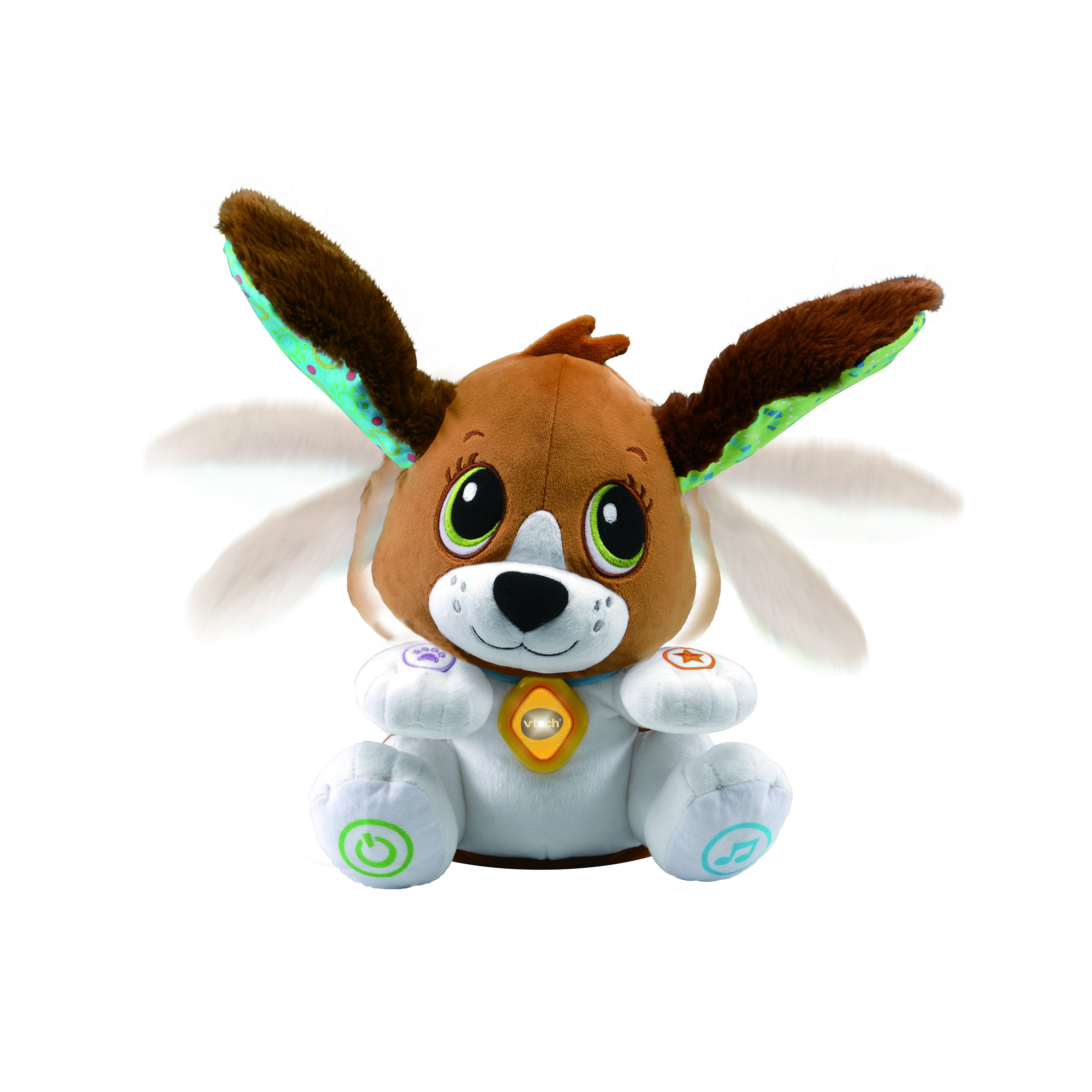 Pluszowa zabawka dla psa z dużymi uszami, żółtym naszyjnikiem i guzikami. Ma białe tło.