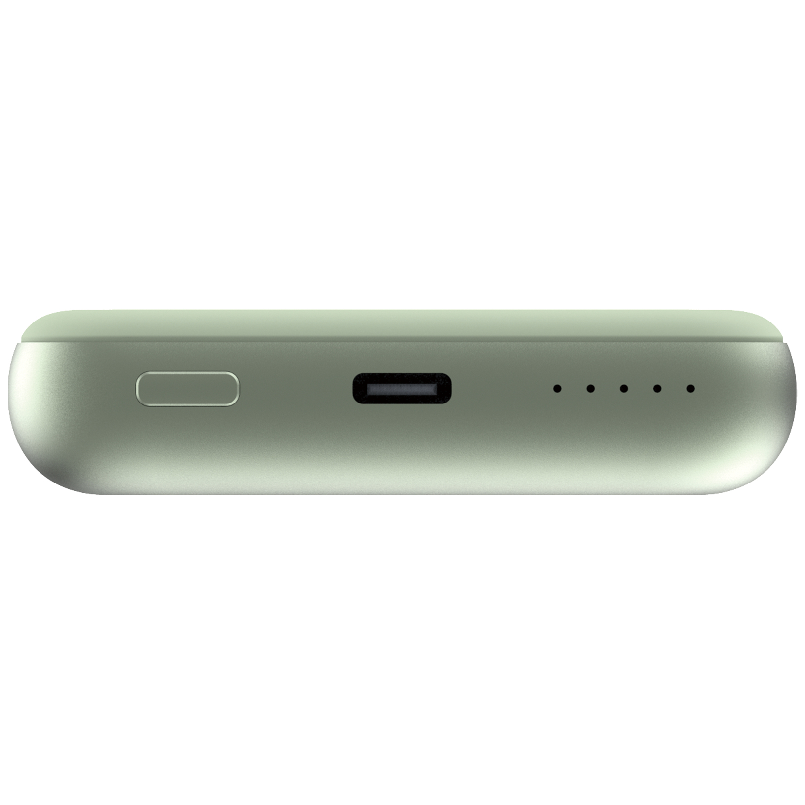 Jasnozielony power bank, z przyciskiem, portem USB i czterema lampkami kontrolnymi.