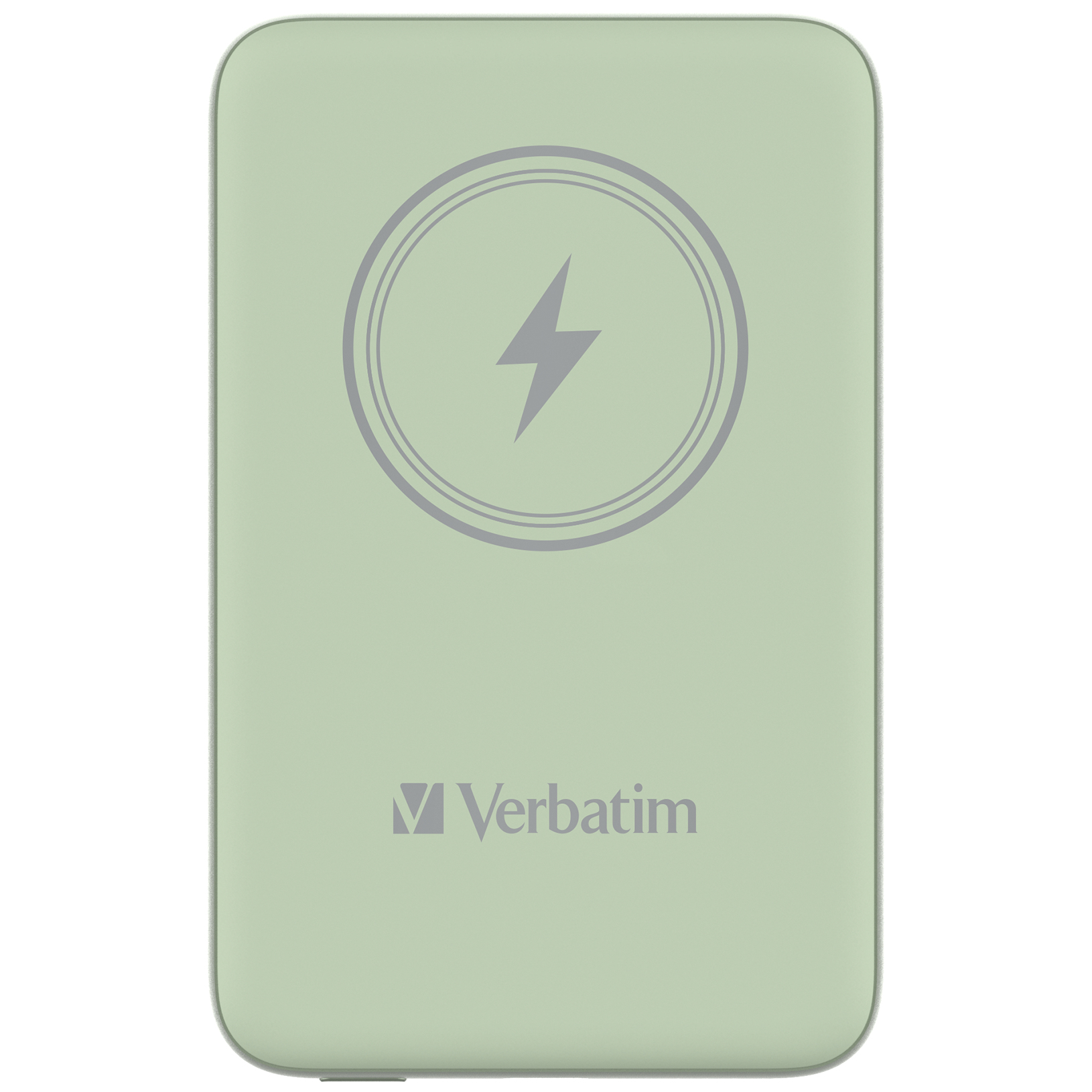 Jasnozielony power bank Verbatim z symbolem błyskawicy, na białym tle.