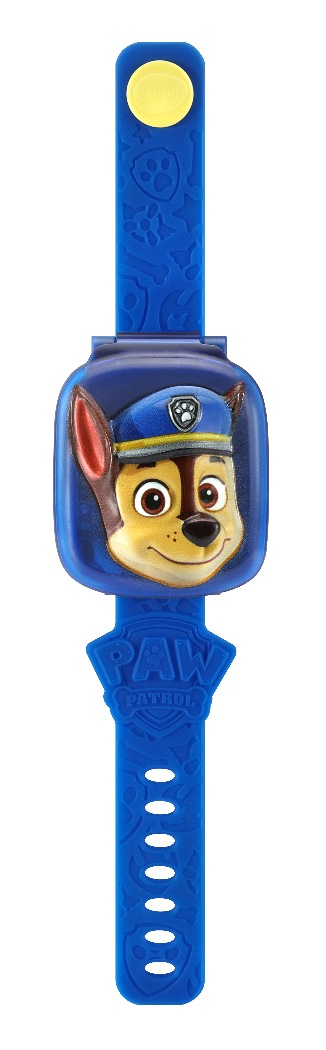 Niebieska zabawka zegarek Paw Patrol Chase. Posiada tarczę zegarka z twarzą Chase'a.