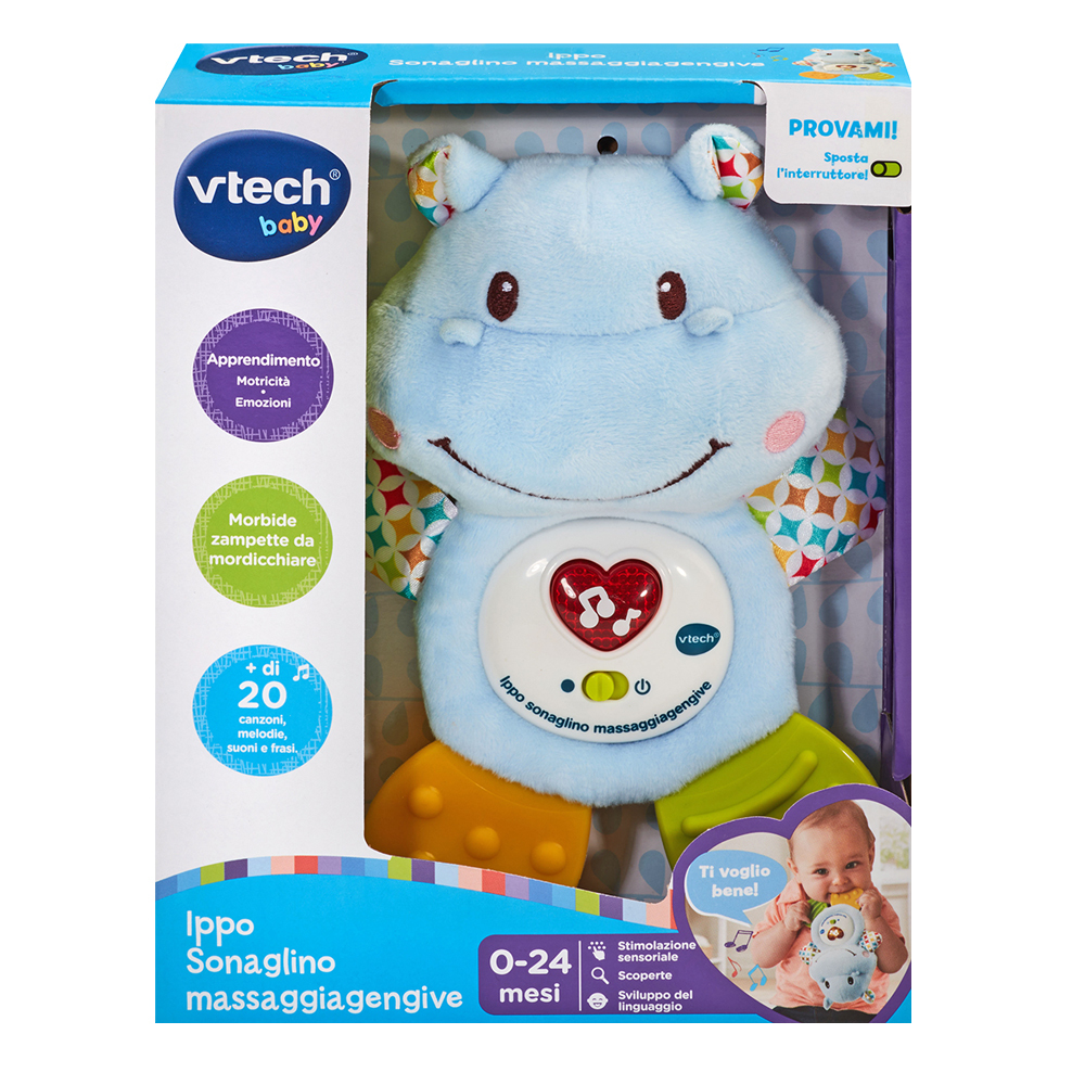 Blaues Hippo-Babyspielzeug in einer Box. Es ist zum Zahnen und hat ein Herz.