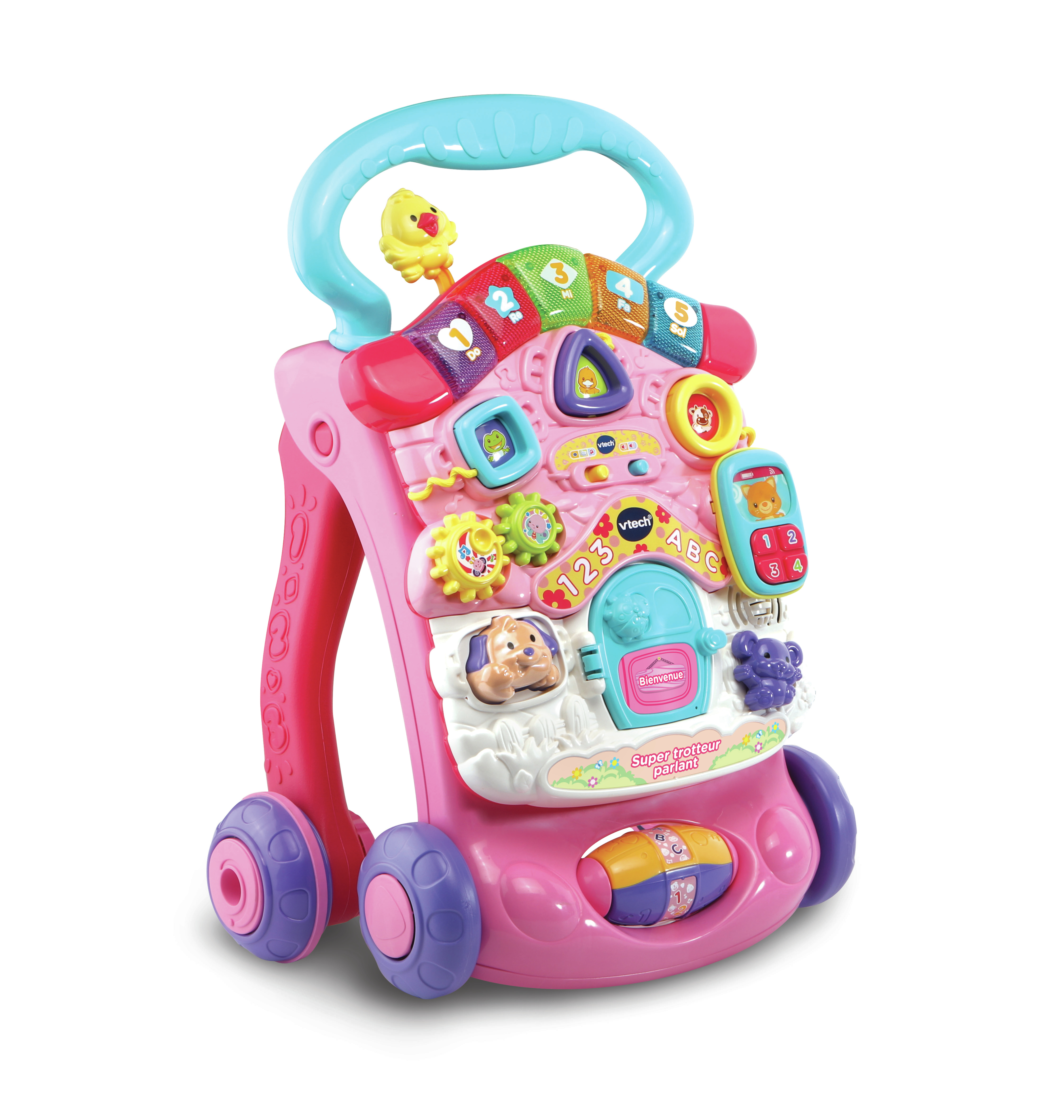 Rosa Babylauflernspielzeug mit bunten Knöpfen und einem Griff. Es hat Räder zur Fortbewegung.
