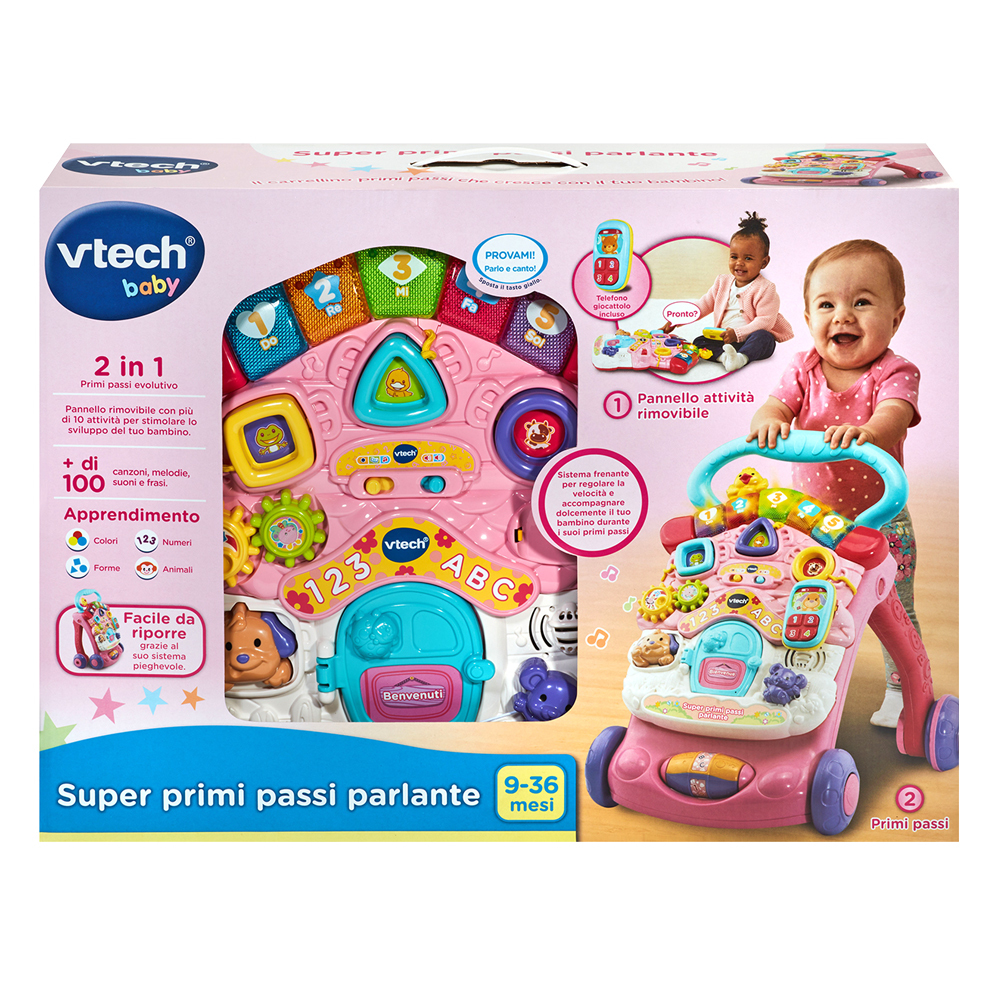 Rosa Baby-Walker-Spielzeug mit bunten Knöpfen und einem kleinen Kind, das spielt. Das Spielzeug ist rosa und weiß.