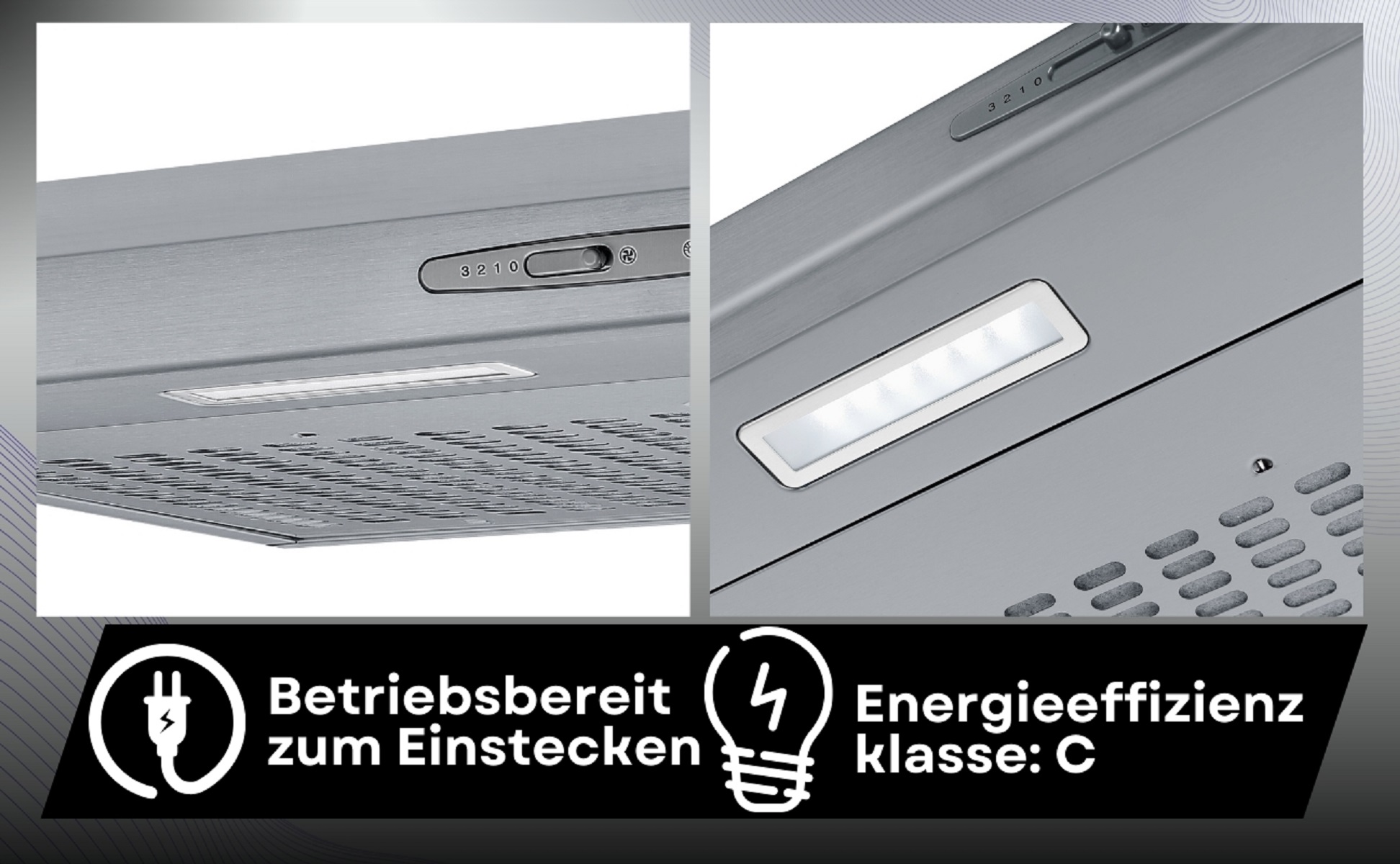 Zwei Fotos einer Dunstabzugshaube aus Edelstahl mit Bedienelementen und Lichtern.