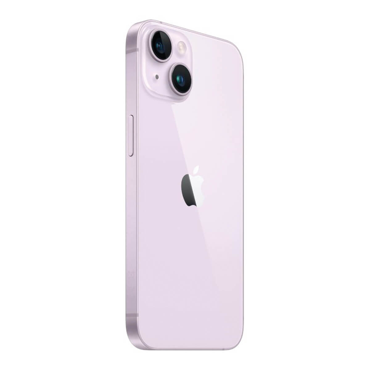 Jasnofioletowy iPhone 14, z dwoma aparatami i logo Apple z tyłu.
