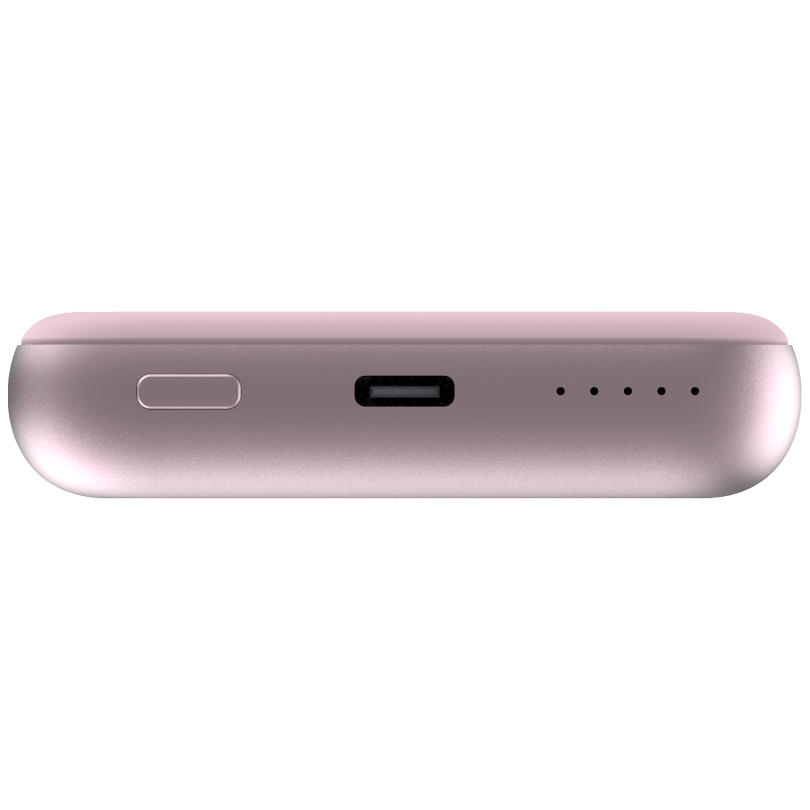Różowy power bank, widok z boku, z portem USB-C i wskaźnikami zasilania. Białe tło.