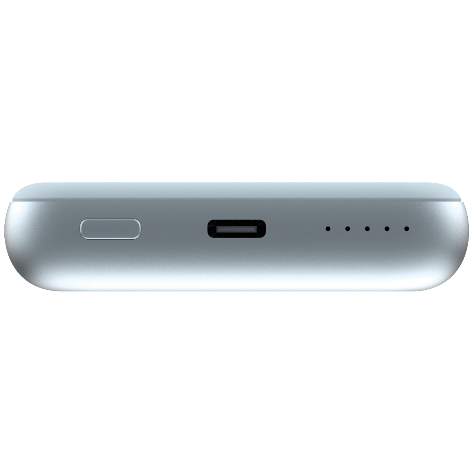 Zilveren powerbank, zijaanzicht, met een USB-C-poort en stroomindicatoren. Witte achtergrond.