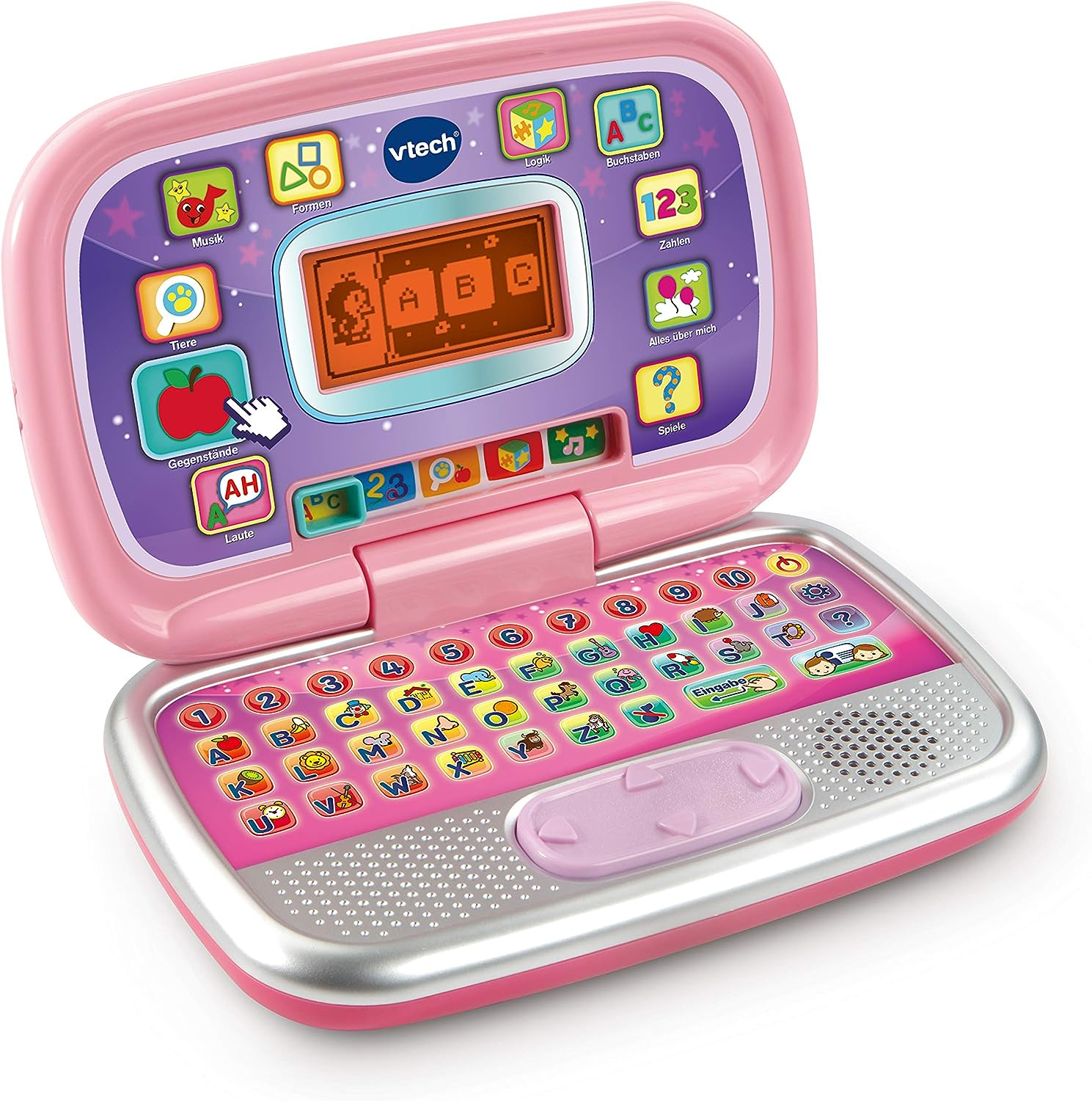 Rosa VTech Laptop-Spielzeug, offen, zeigt Bildschirm und Tastatur, weißer Hintergrund.