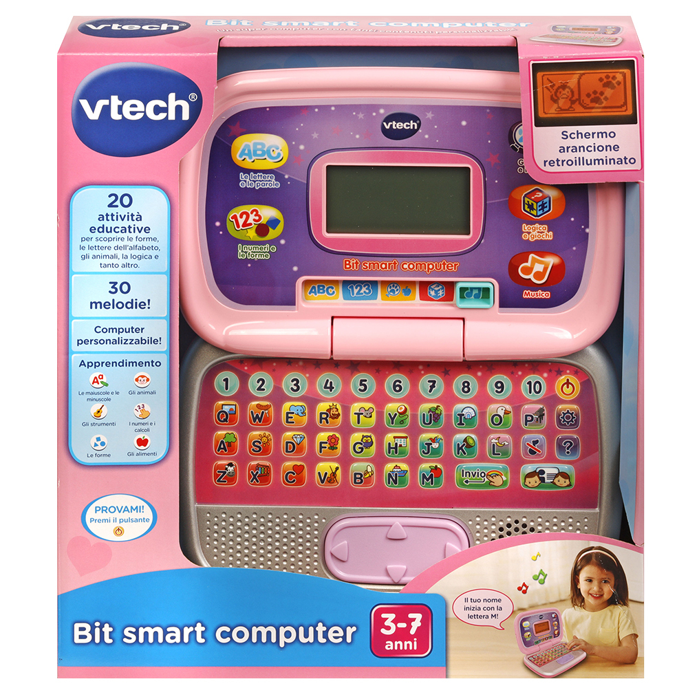 Rosa VTech Bit Smart Computer Spielzeugkiste, offen, zeigt den Computer.