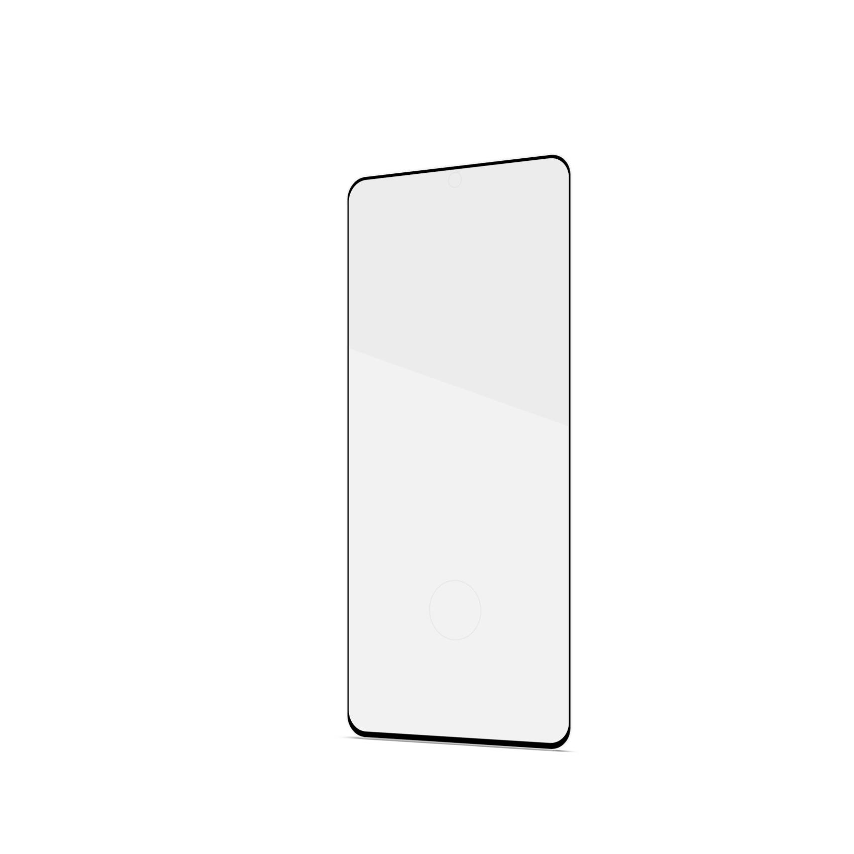 Una protezione schermo trasparente per smartphone, in piedi su sfondo bianco.