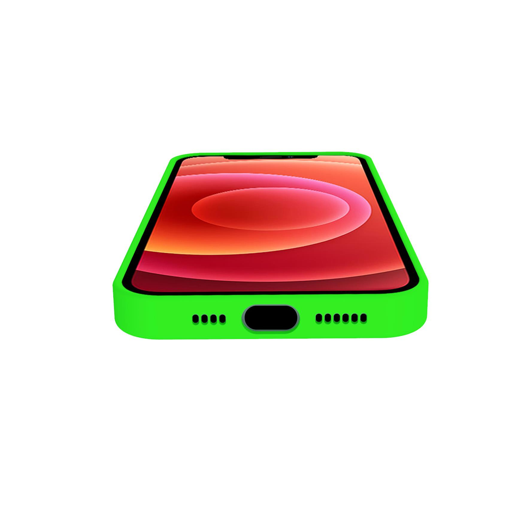 Custodia verde per telefono, vista dal basso, con schermo rosso visibile. Sfondo bianco.