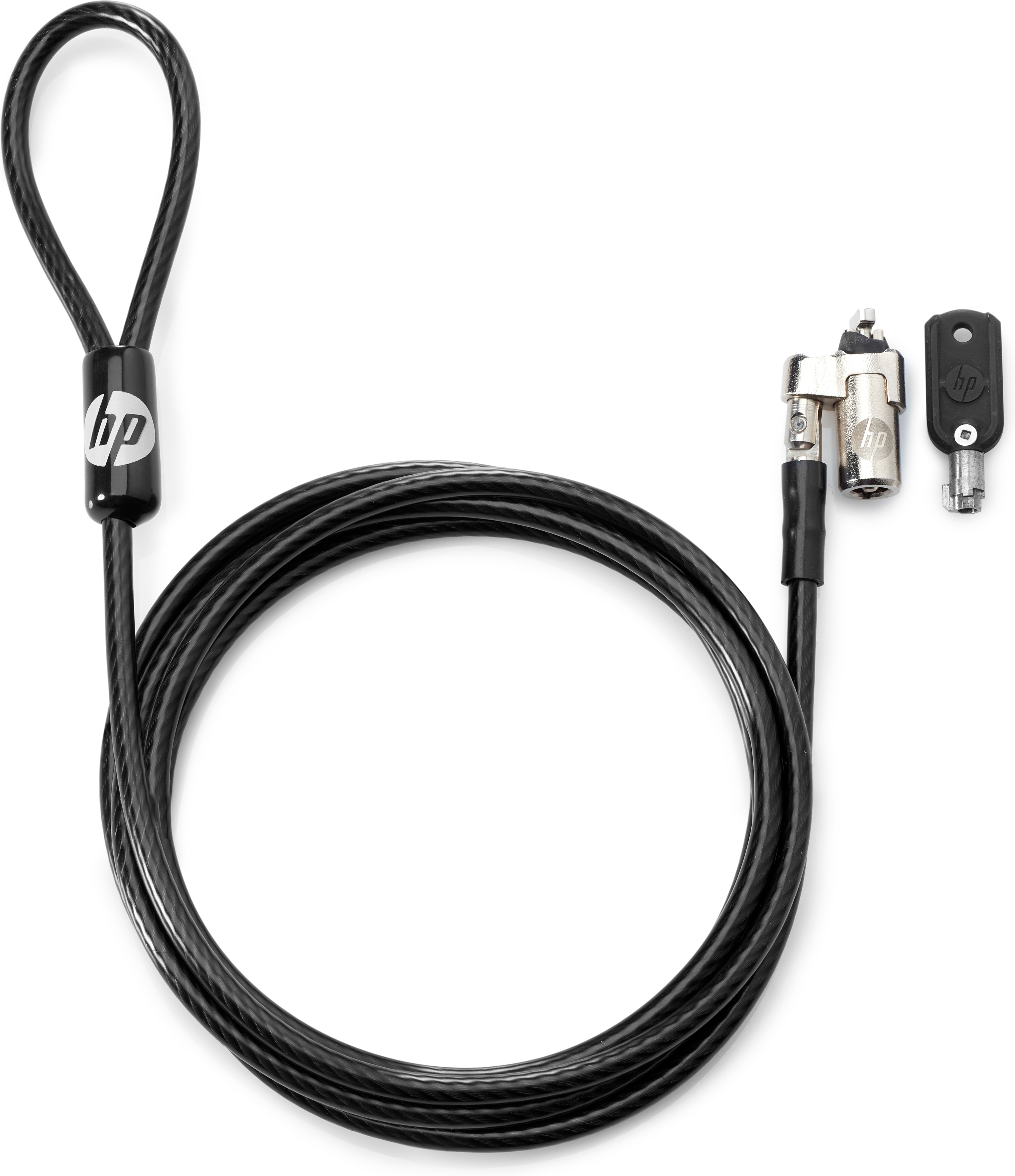 Cable de seguridad para portátil HP negro con cerradura y llave. Fondo blanco.