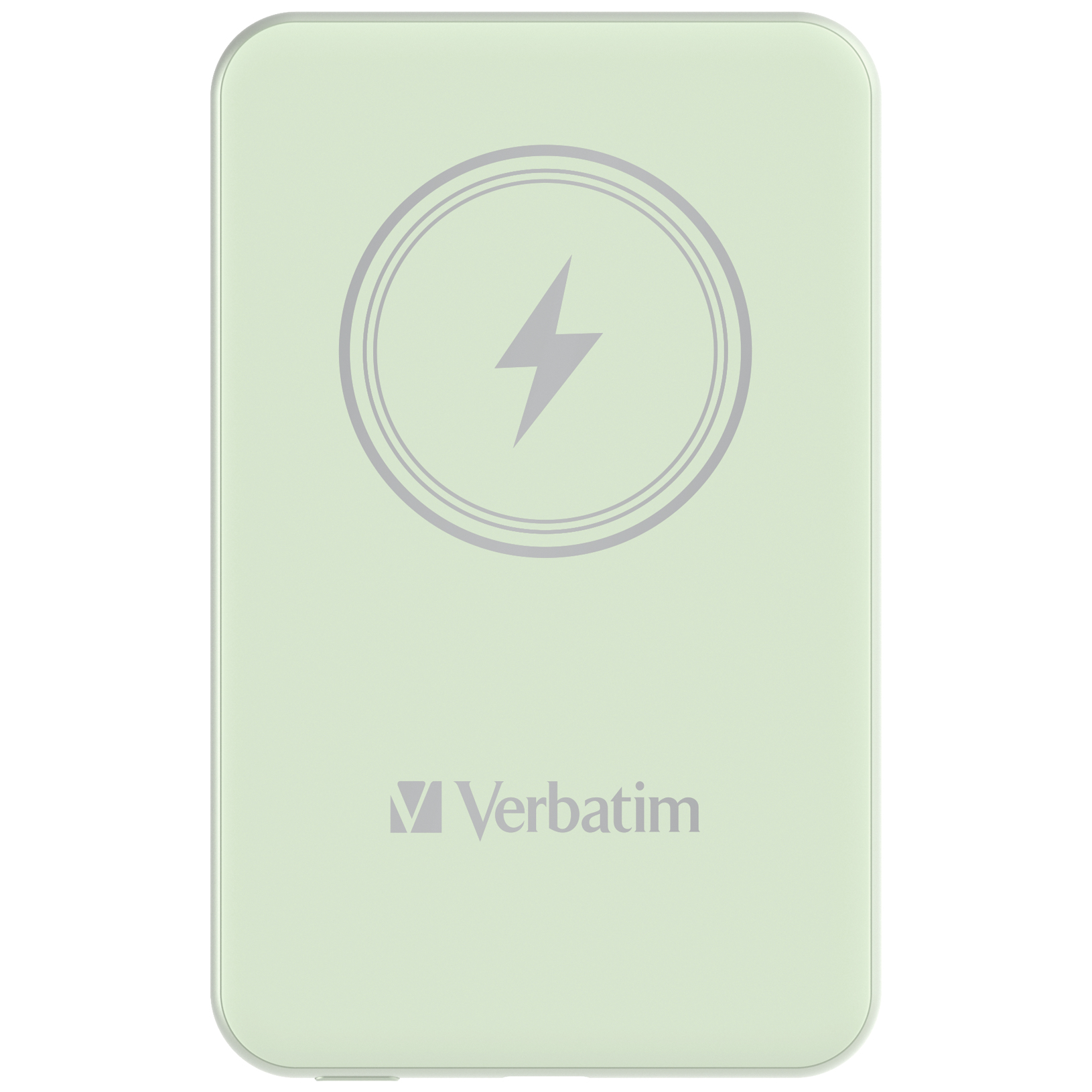 Een lichtgroene draadloze oplader met een zilveren bliksempictogram op een witte achtergrond.
