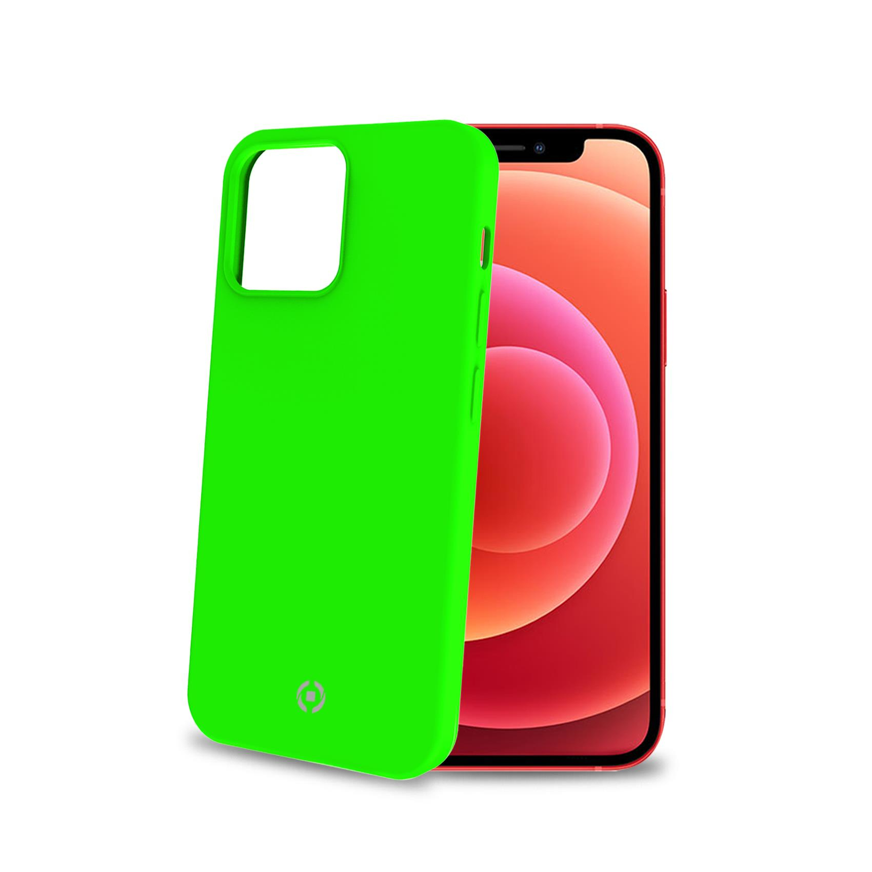 Custodia verde brillante, un telefono rosso all'interno.