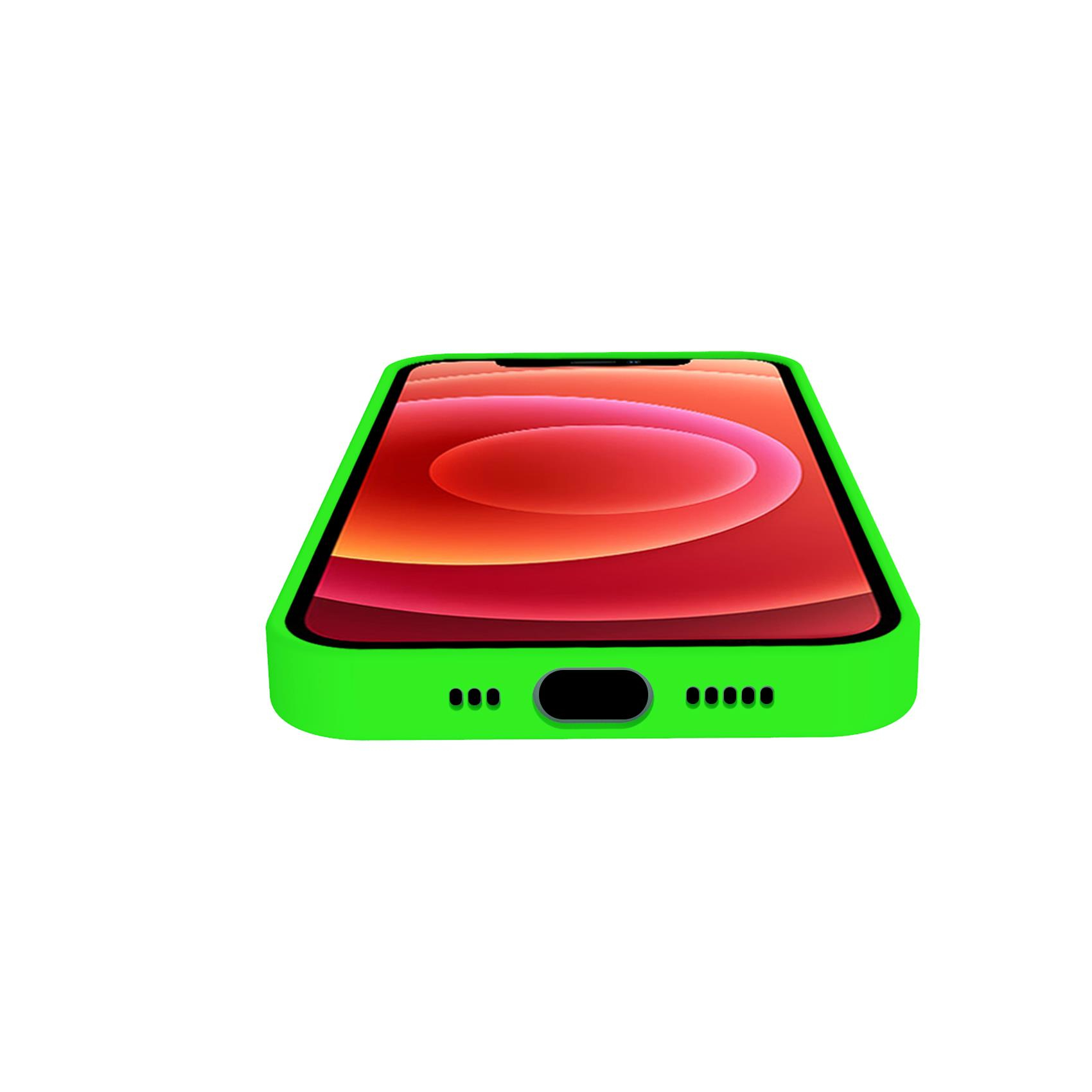Una custodia verde per telefono con schermo rosso su sfondo bianco.