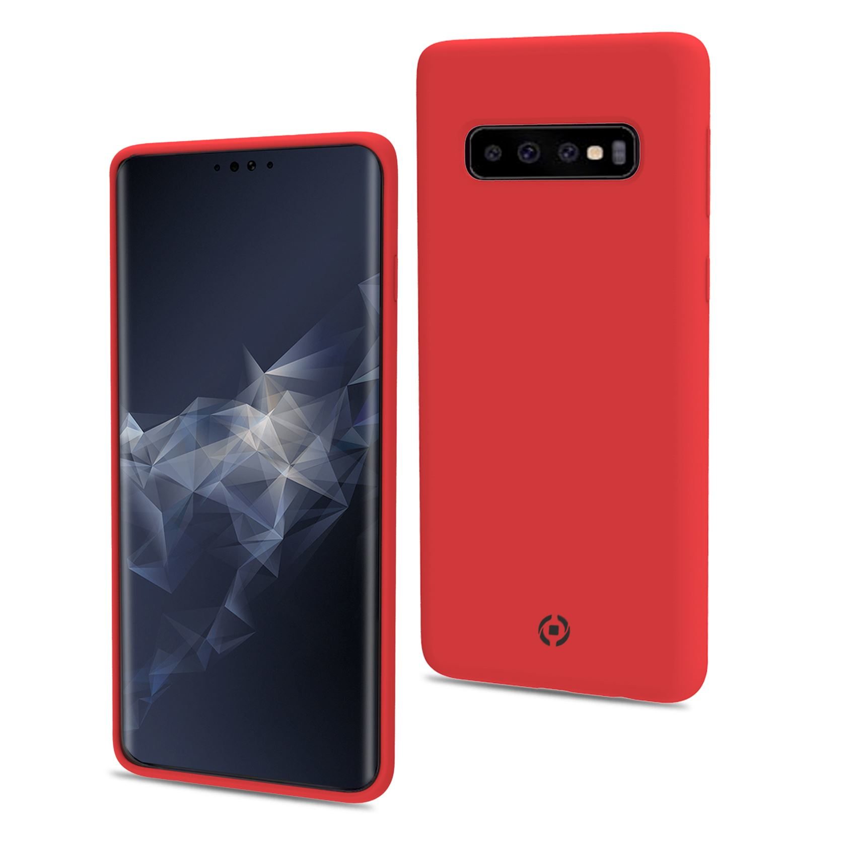 Custodia rossa e telefono con schermo. La custodia ha più fori per la fotocamera.