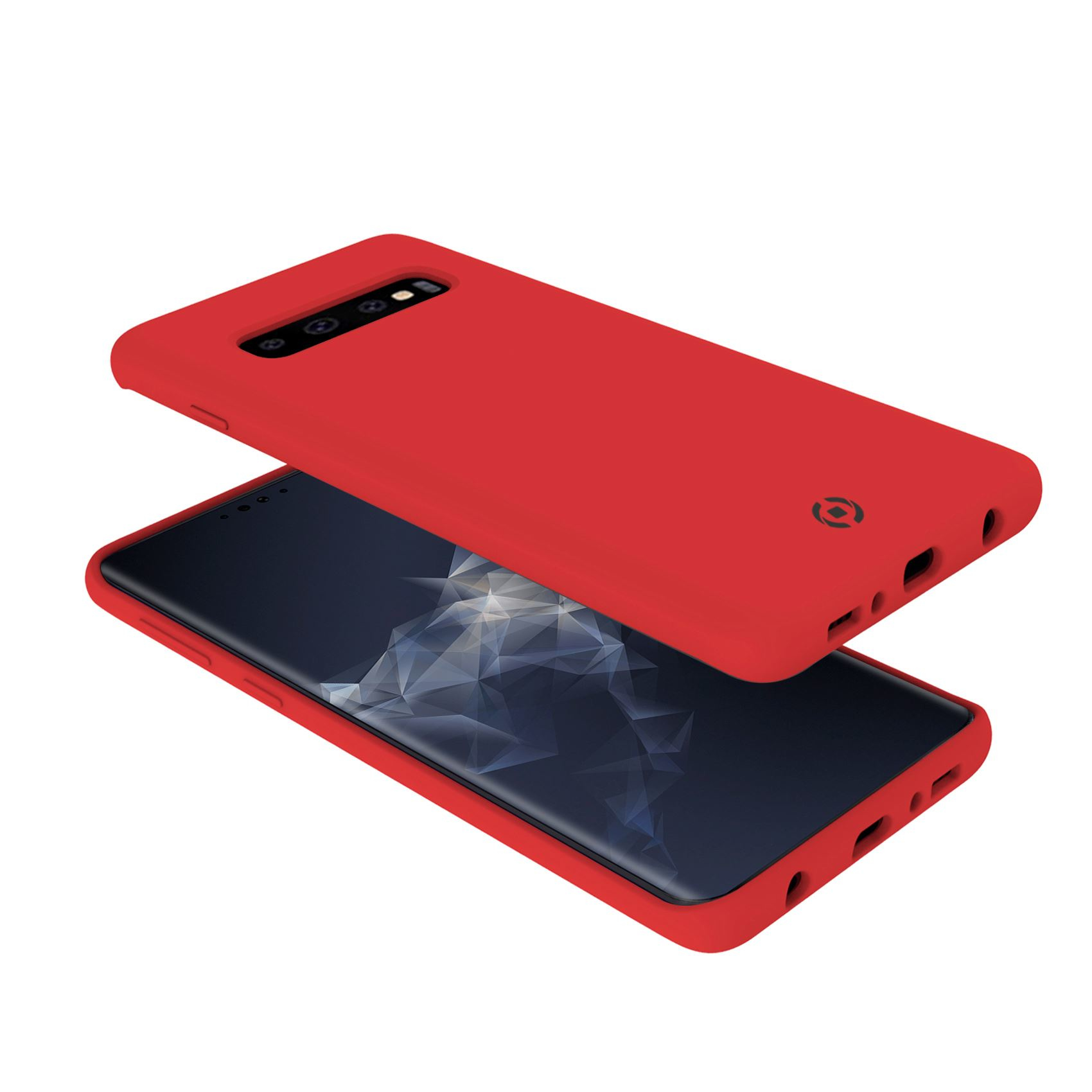 Custodia rossa su uno schermo del telefono con un design geometrico. Sfondo bianco.