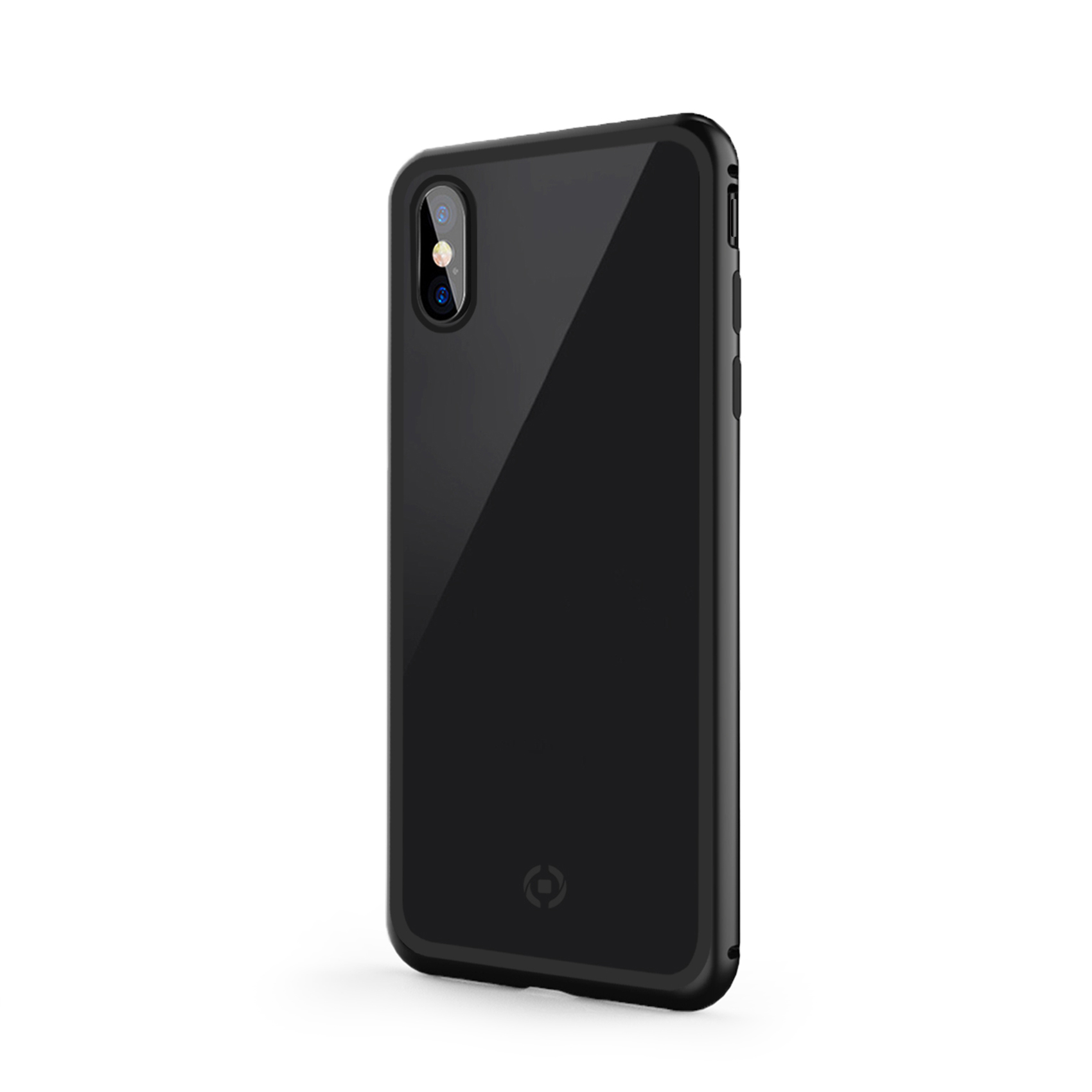 Custodia nera per telefono con fotocamera e logo. Ha un retro lucido e si trova su una superficie bianca.